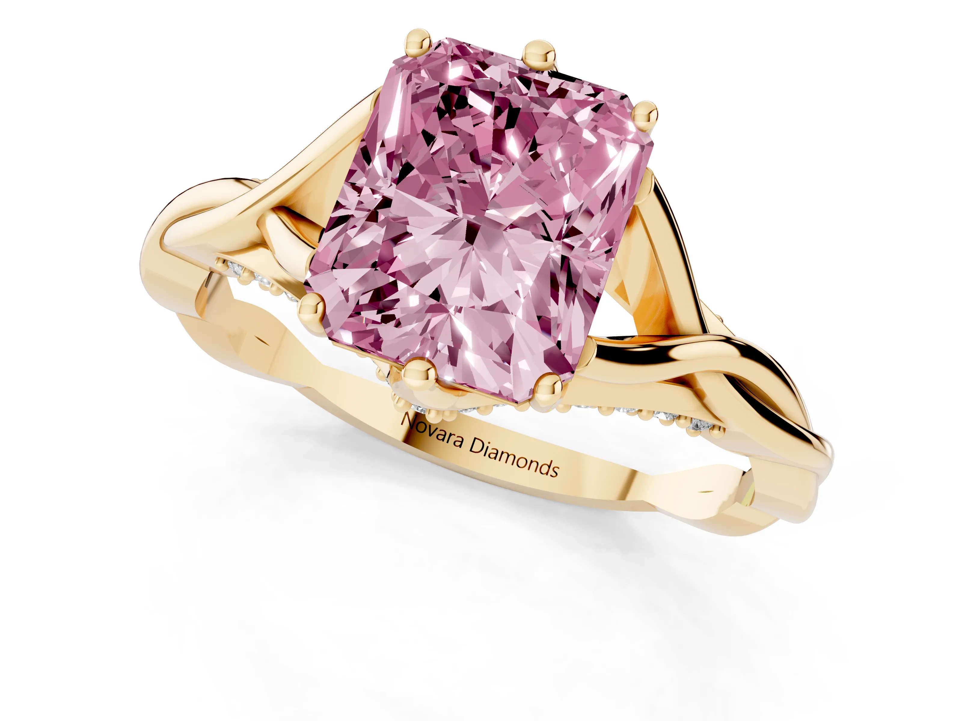 Fancy Pink Radiant Cut Diamond Intertwined Twist Band Solitaire Ring Set in Yellow gold with Prong Setting