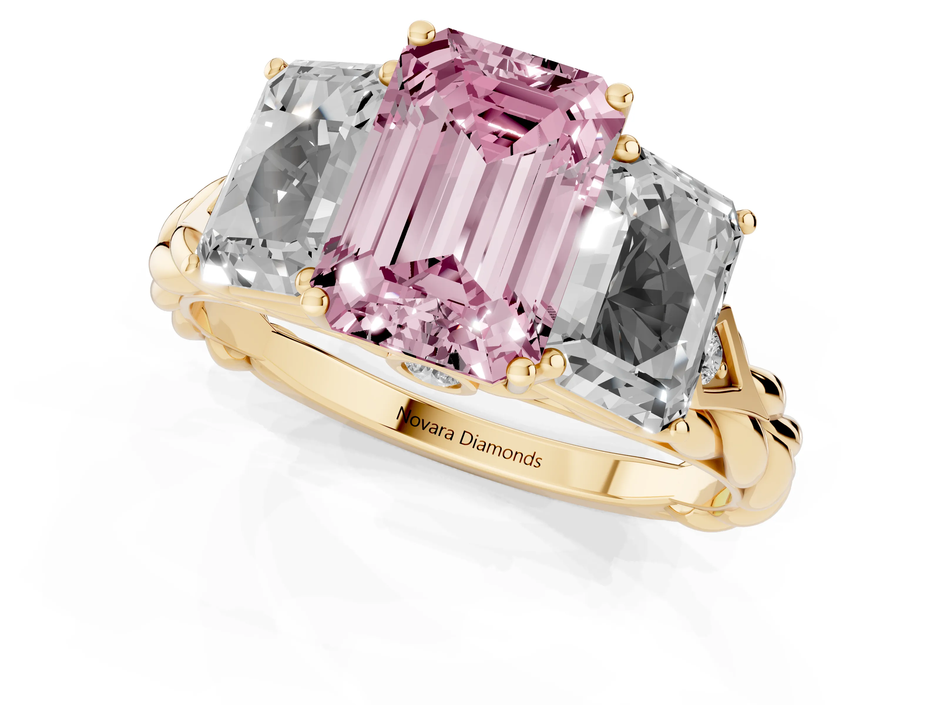 Fancy Pink Radiant Cut Diamond Three-Stone Ring Set in Yellow gold with Braided Band