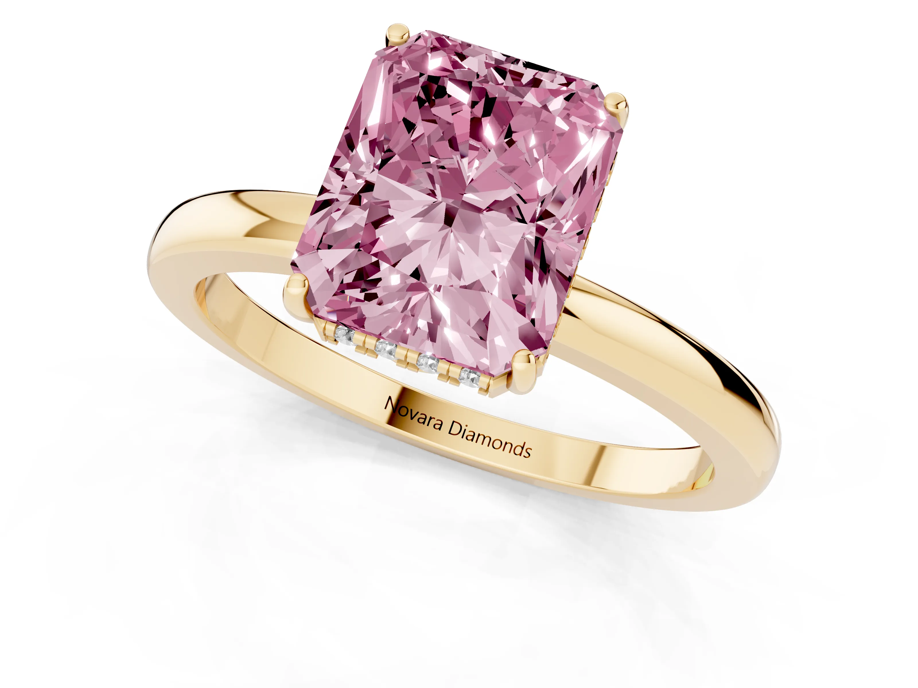 Fancy Pink Radiant Cut Diamond Solitaire Ring Set in Yellow gold with Plain Band and Prong Setting
