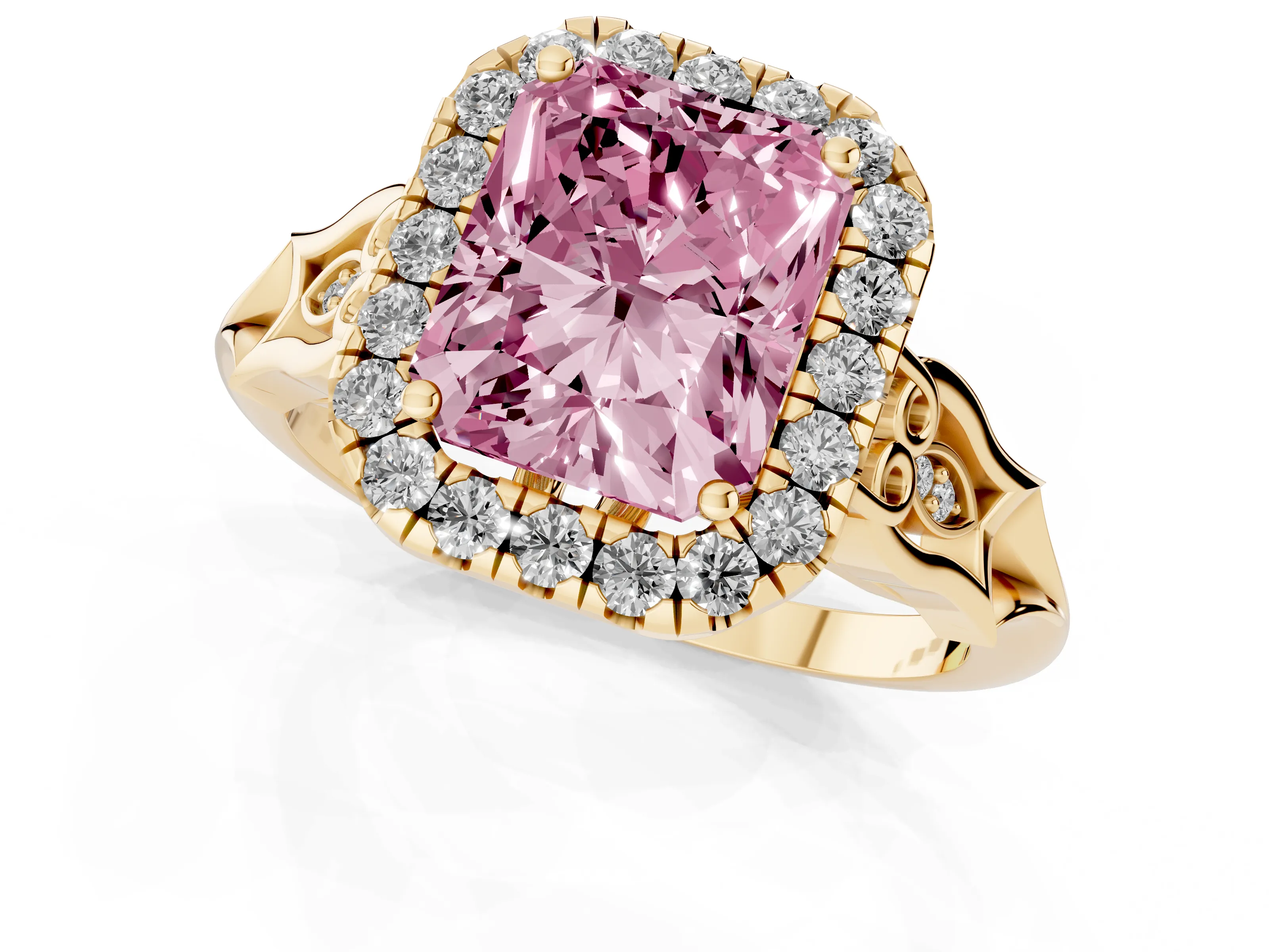 Fancy Pink Radiant Cut Diamond Halo Engagement Ring Set in Yellow gold with Filigree Band and Prong-Set Center
