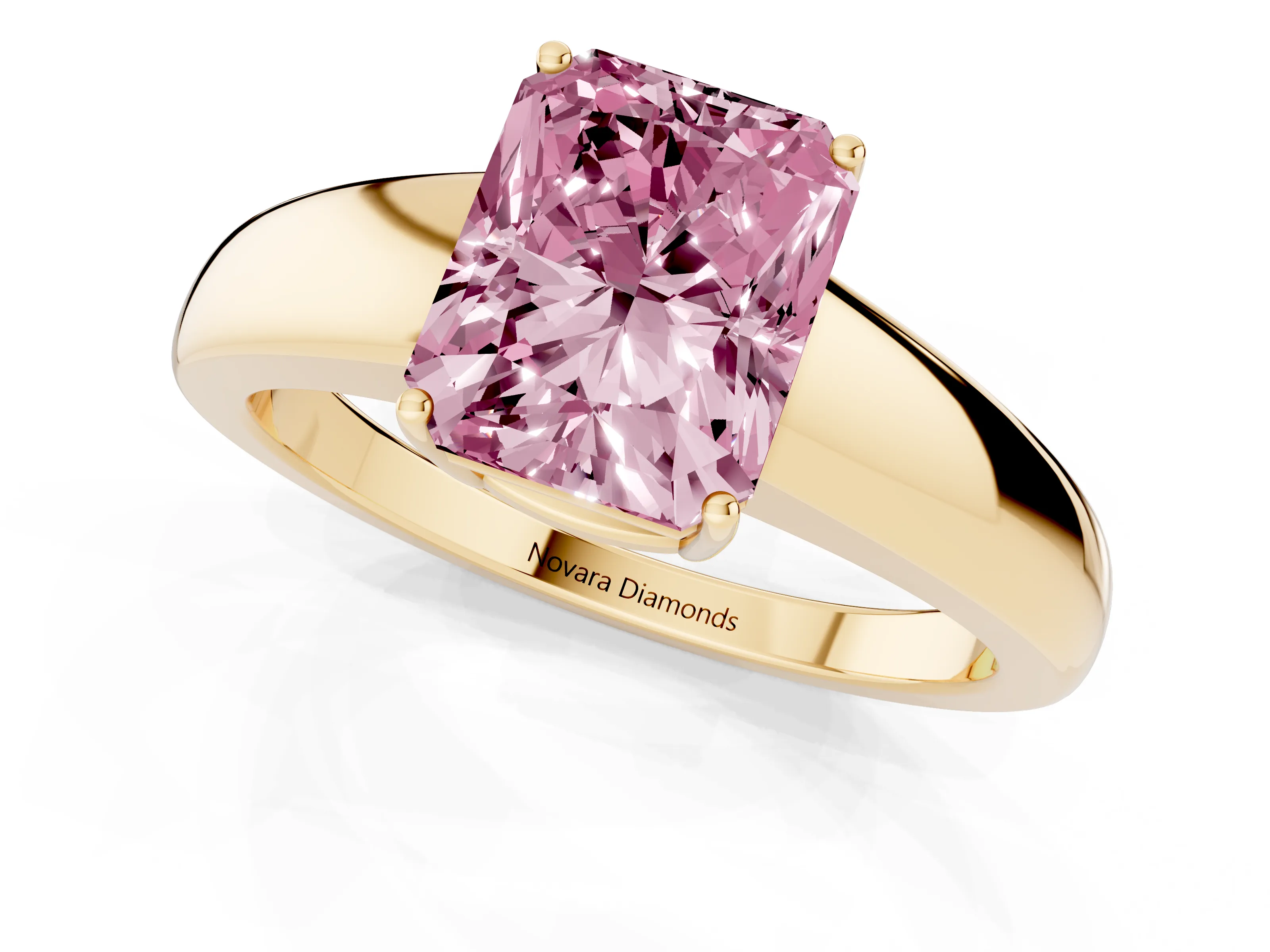 Fancy Pink Radiant Cut Diamond Solitaire Ring Set in Yellow gold with Tapered Band and Prong Setting