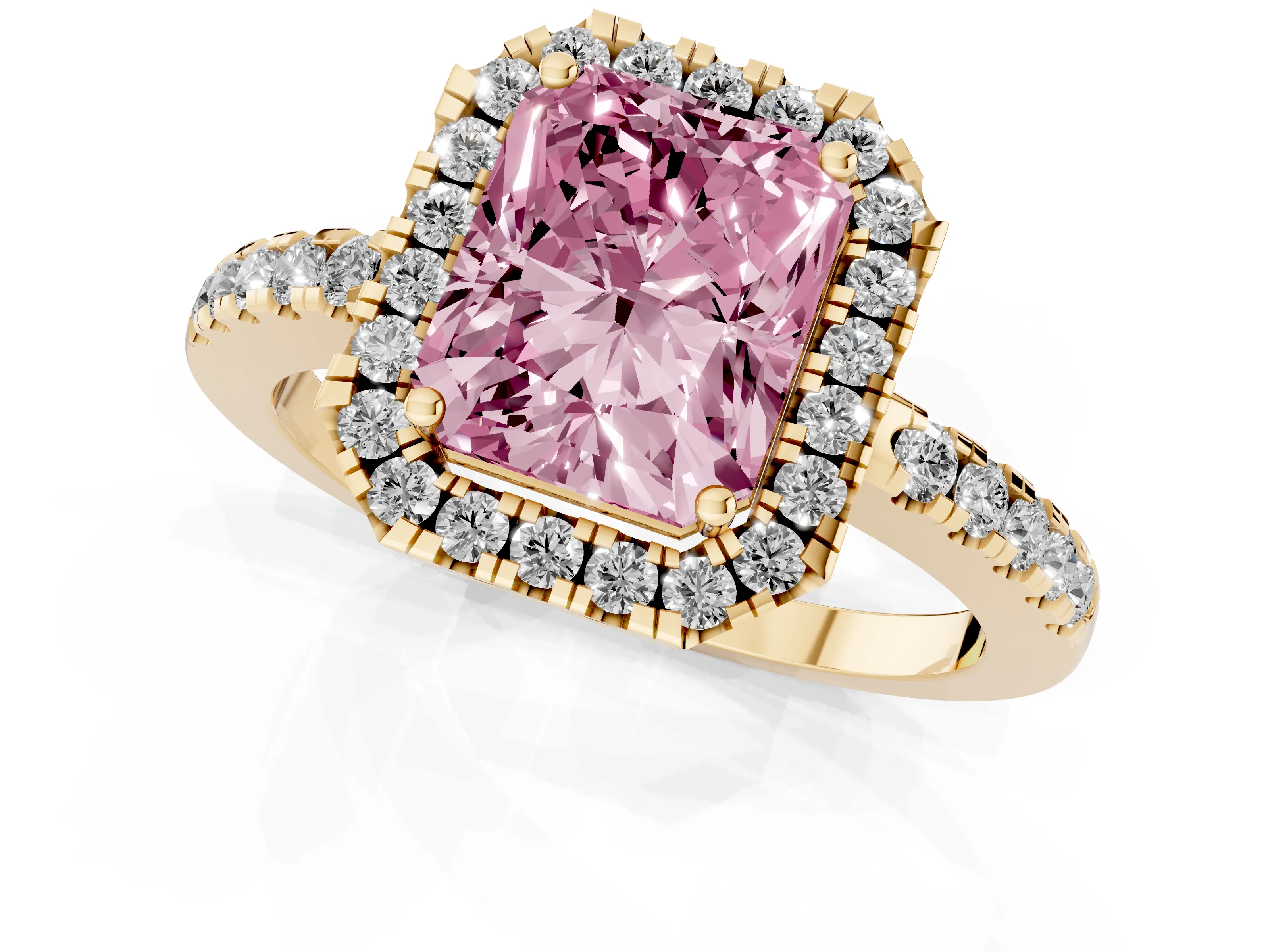 Fancy Pink Radiant Cut Diamond Pavé Band Halo Engagement Ring Set in Yellow gold with Prong Setting