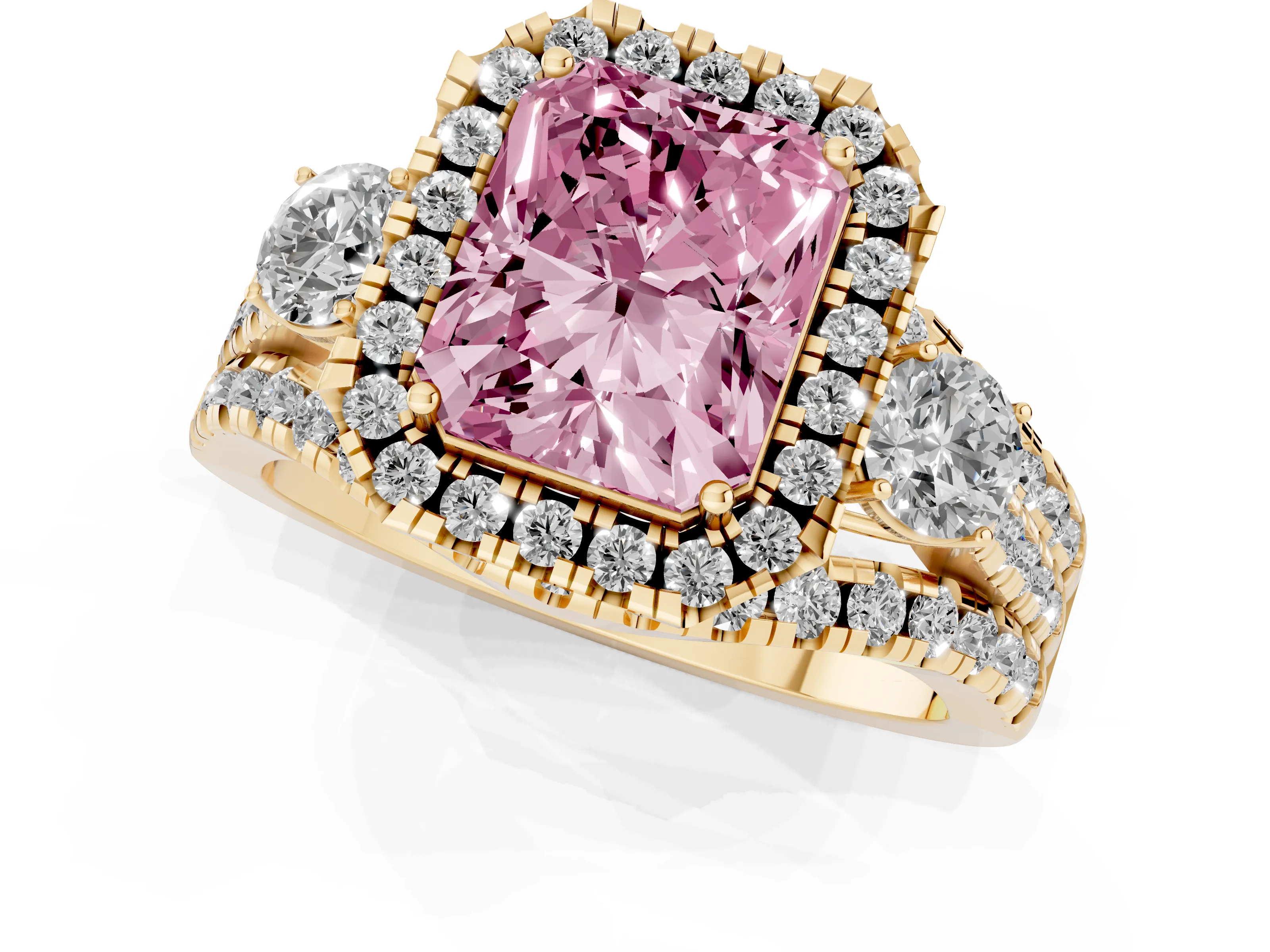 Fancy Pink Radiant Cut Diamond Halo Split Shank Ring Set in Yellow gold with Round Accent Stones and Prong Setting