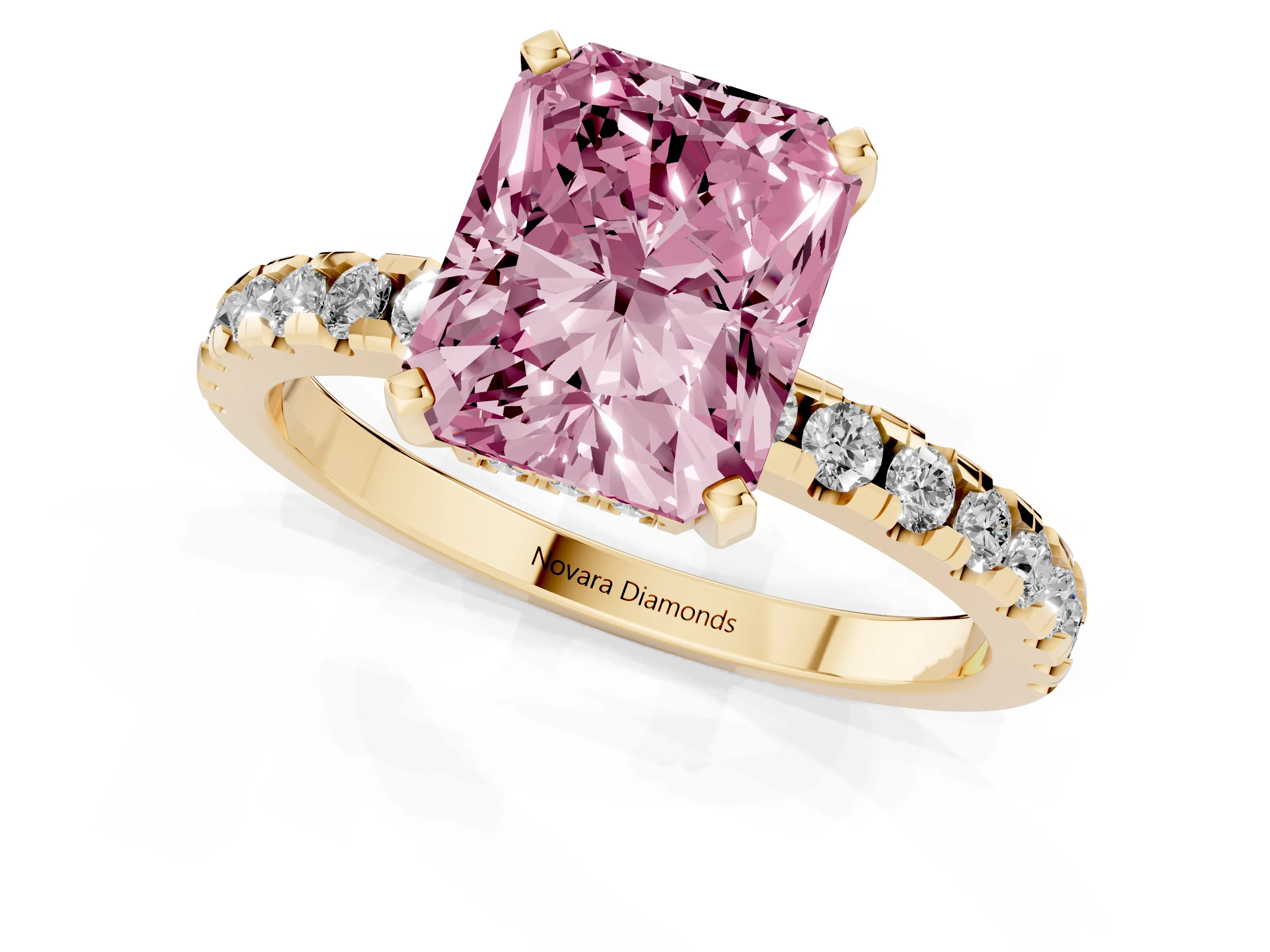 Fancy Pink Radiant Cut Diamond Pavé Solitaire Ring Set in Yellow gold with Round Band Accents and Prong Setting