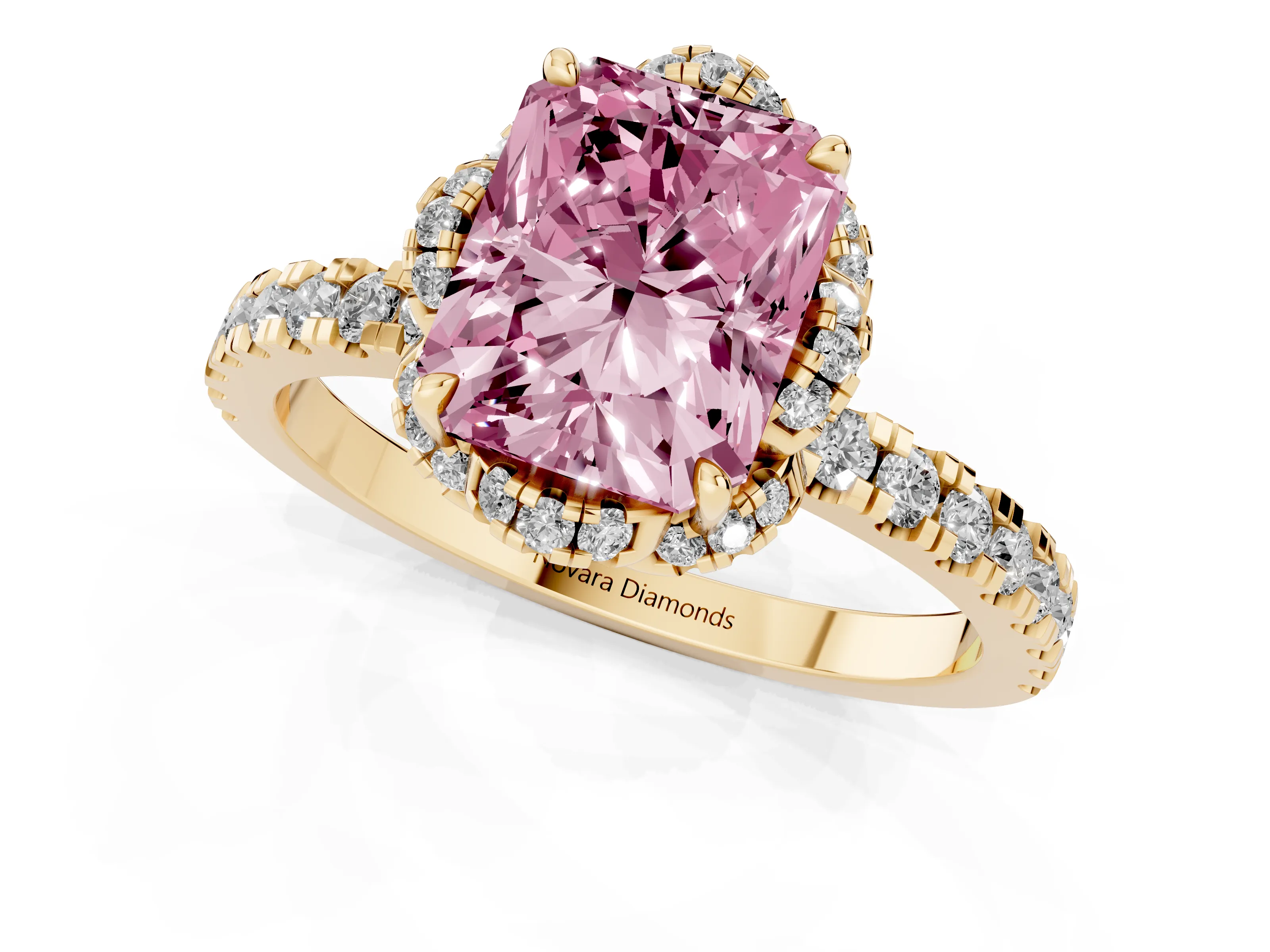 Fancy Pink Radiant Cut Diamond Halo Pavé Band Ring Set in Yellow gold with Prong-Held Center