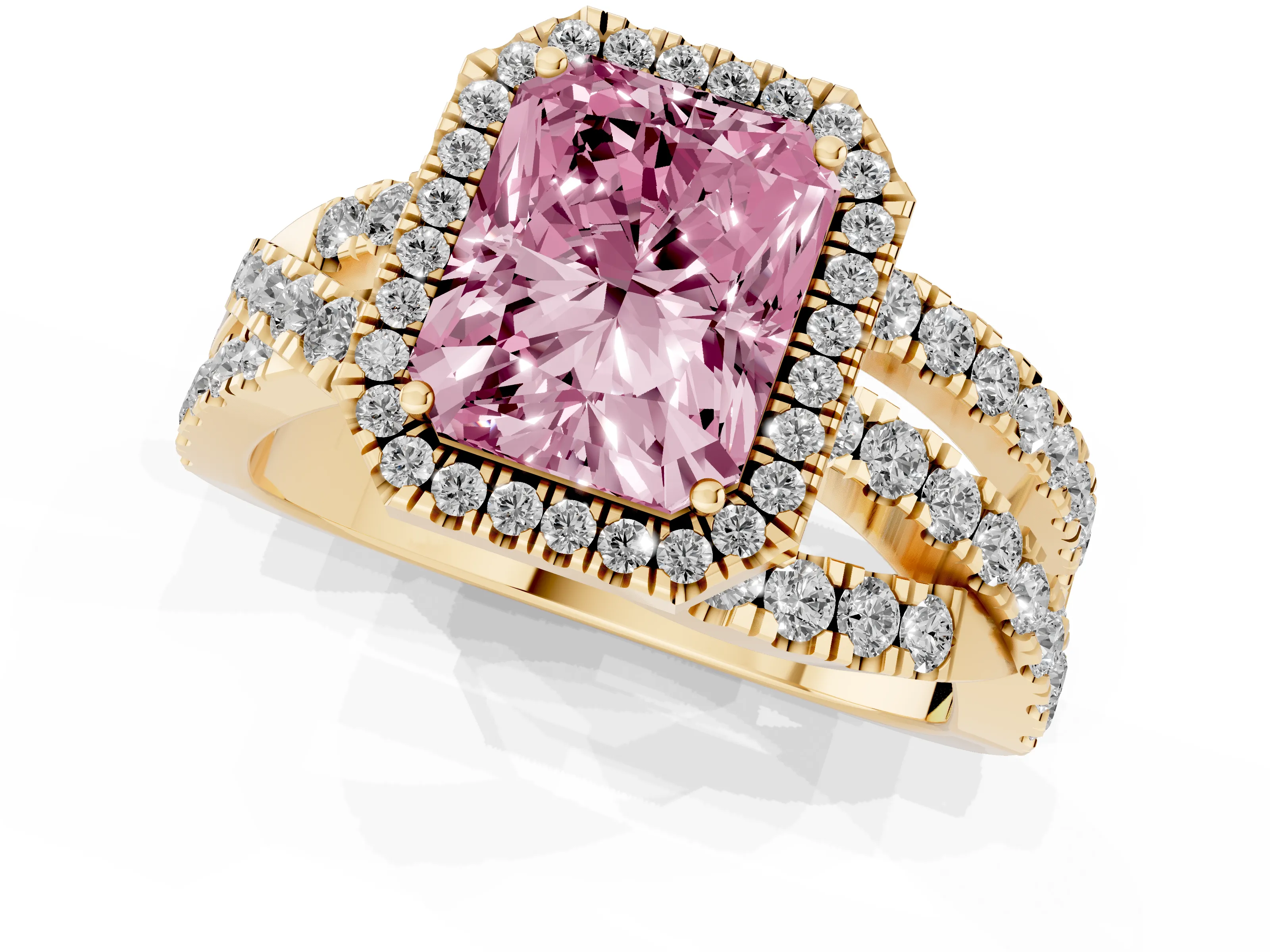 Fancy Pink Radiant Cut Diamond Halo Ring Set in Yellow gold with Round Crossover Split Shank and Prong Setting