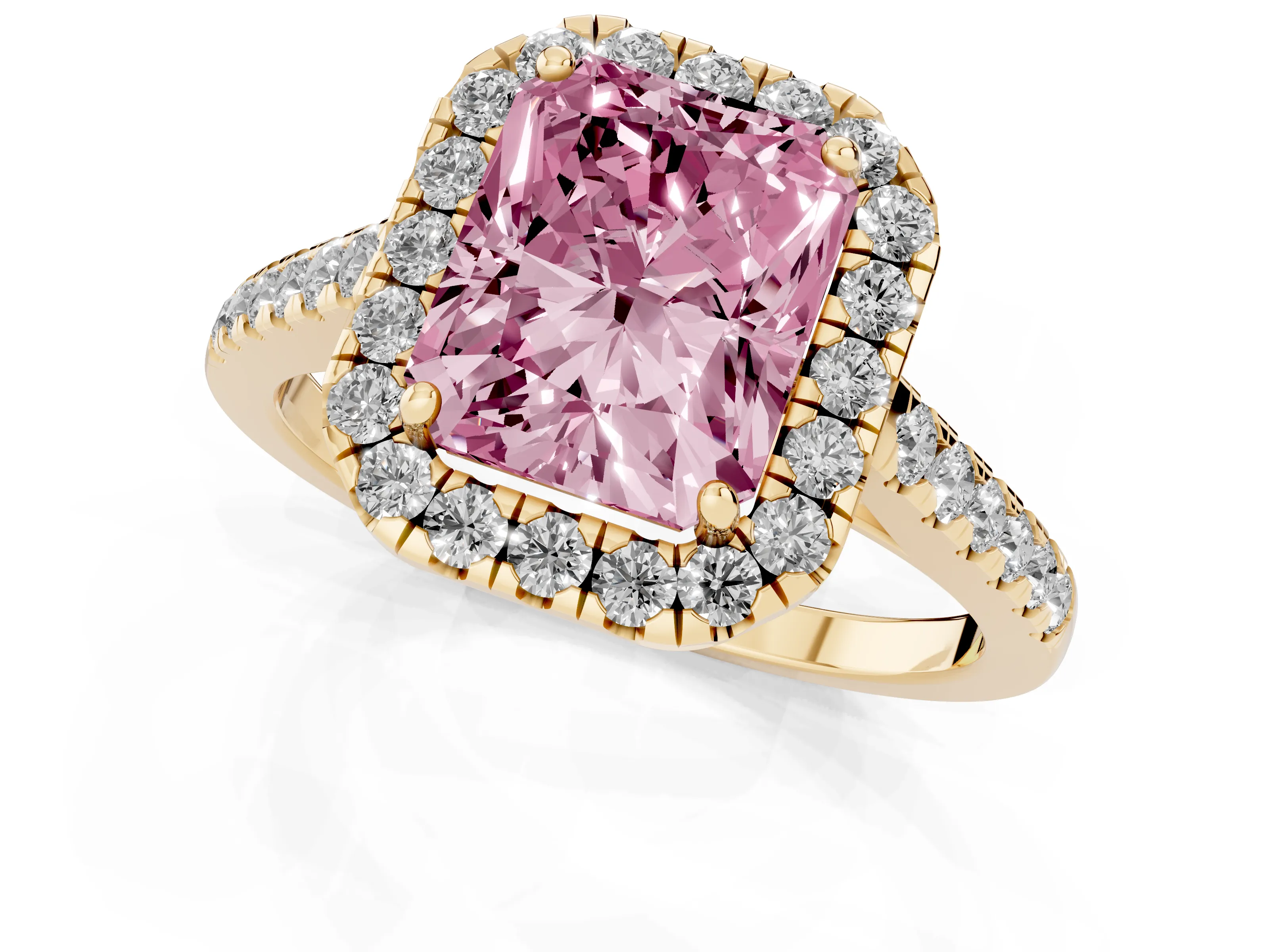 Fancy Pink Radiant Cut Diamond Halo Pavé Engagement Ring Set in Yellow gold with Prong Setting