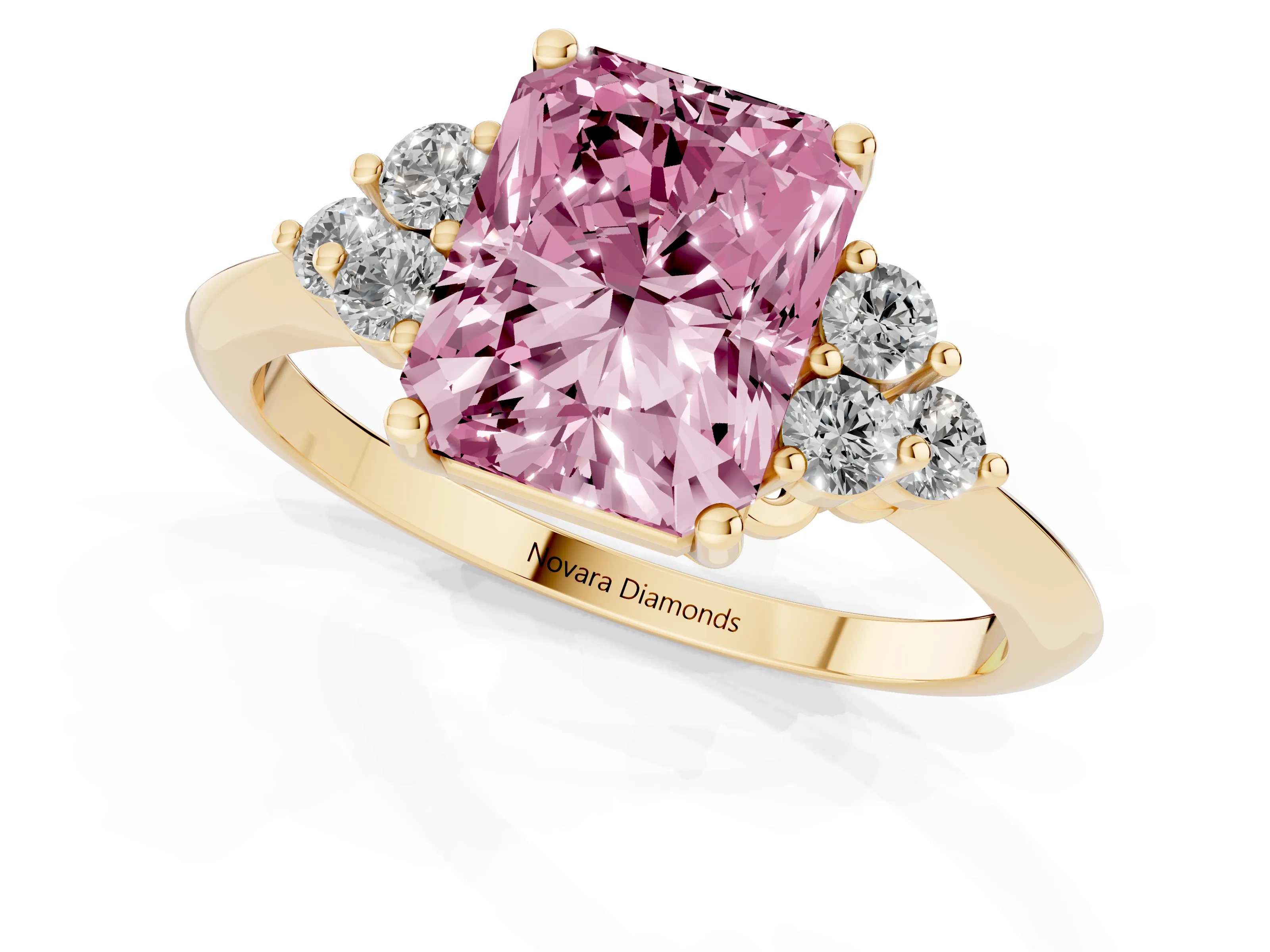 Fancy Pink Radiant Cut Diamond Cluster Ring Set in Yellow gold with Plain Band and Prong Setting