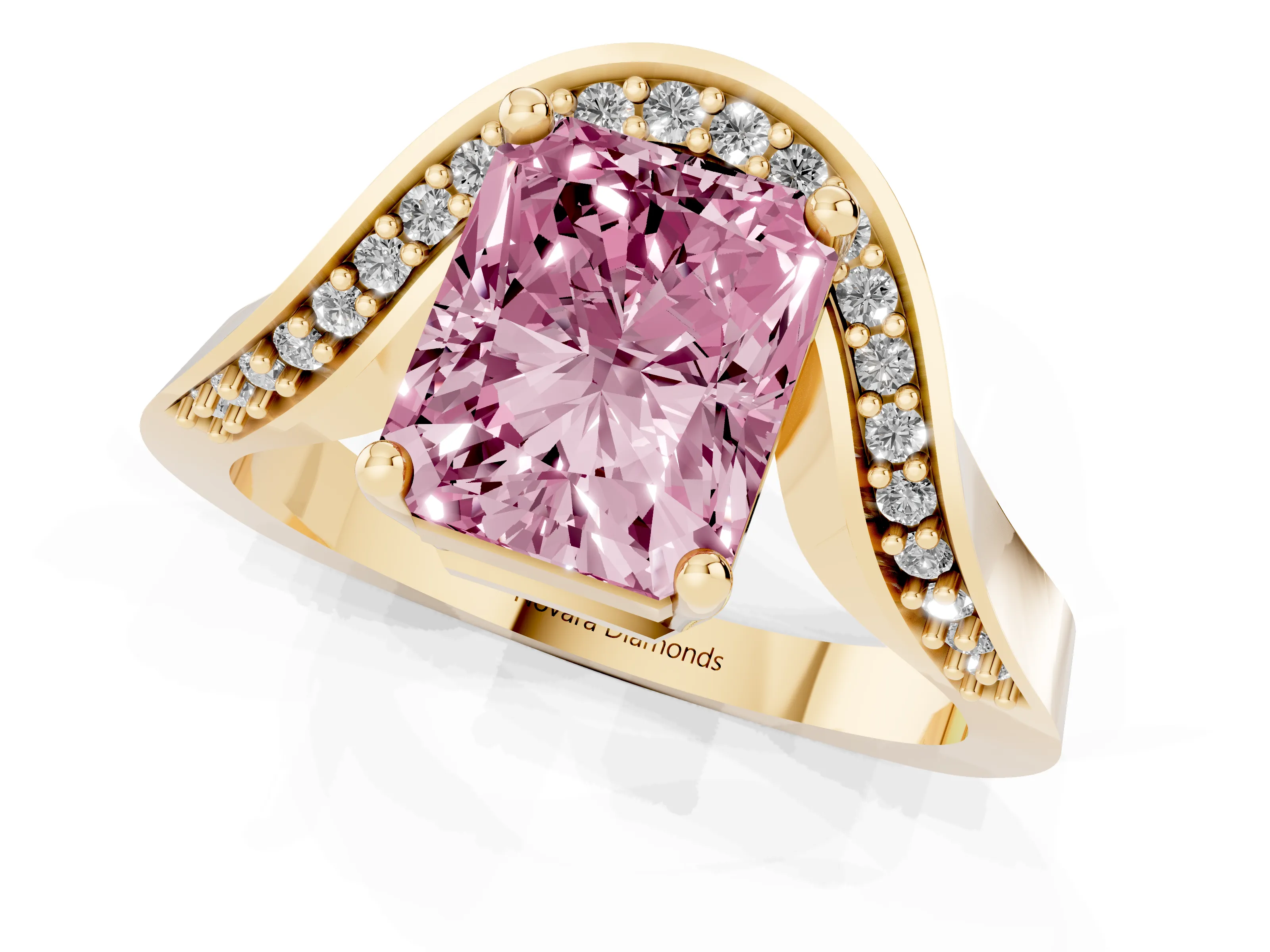 Fancy Pink Radiant Cut Diamond Solitaire Engagement Ring Set in Yellow gold with Pavé Shoulders