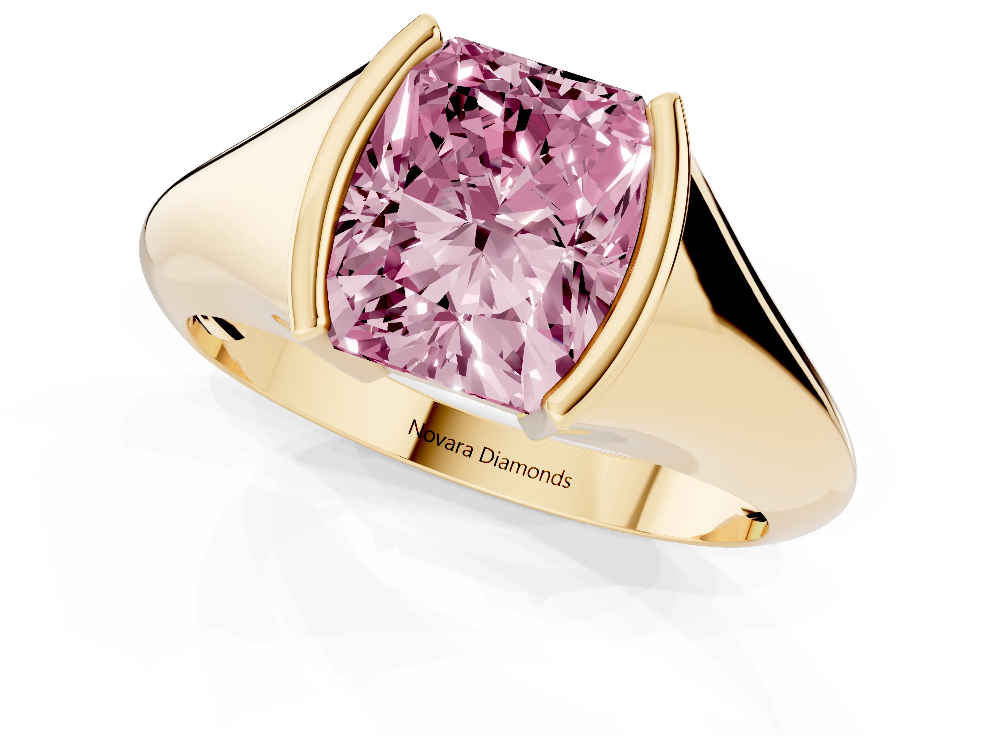 Fancy Pink Radiant Cut Diamond Solitaire Tension Set Ring Set in Yellow gold
