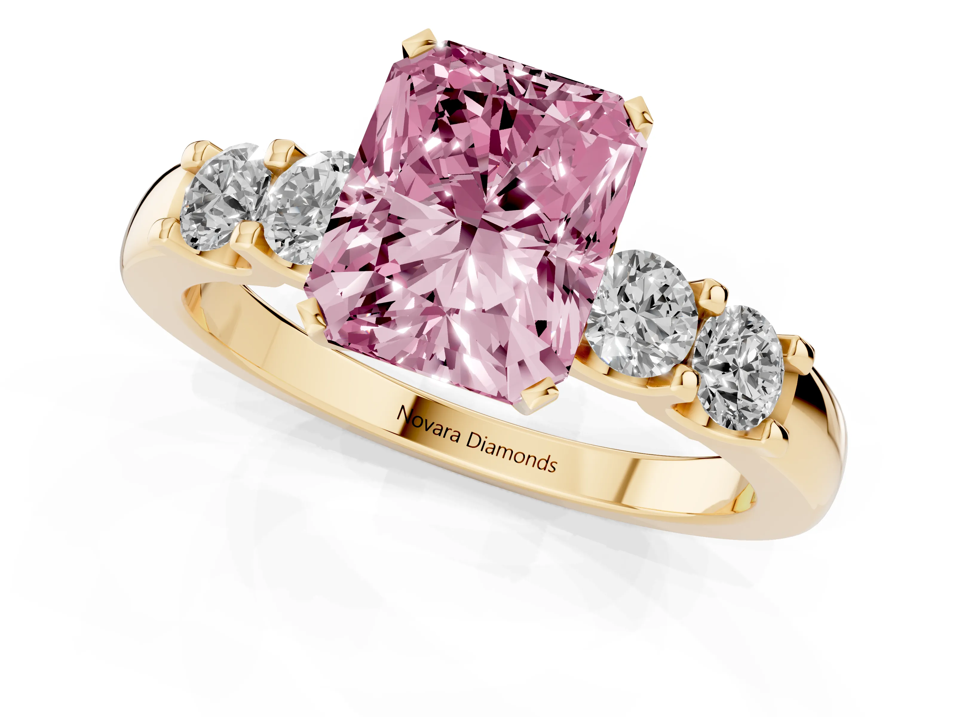 Fancy Pink Radiant Cut Diamond Five-Stone Prong Set Engagement Ring Set in Yellow gold with Channel Band