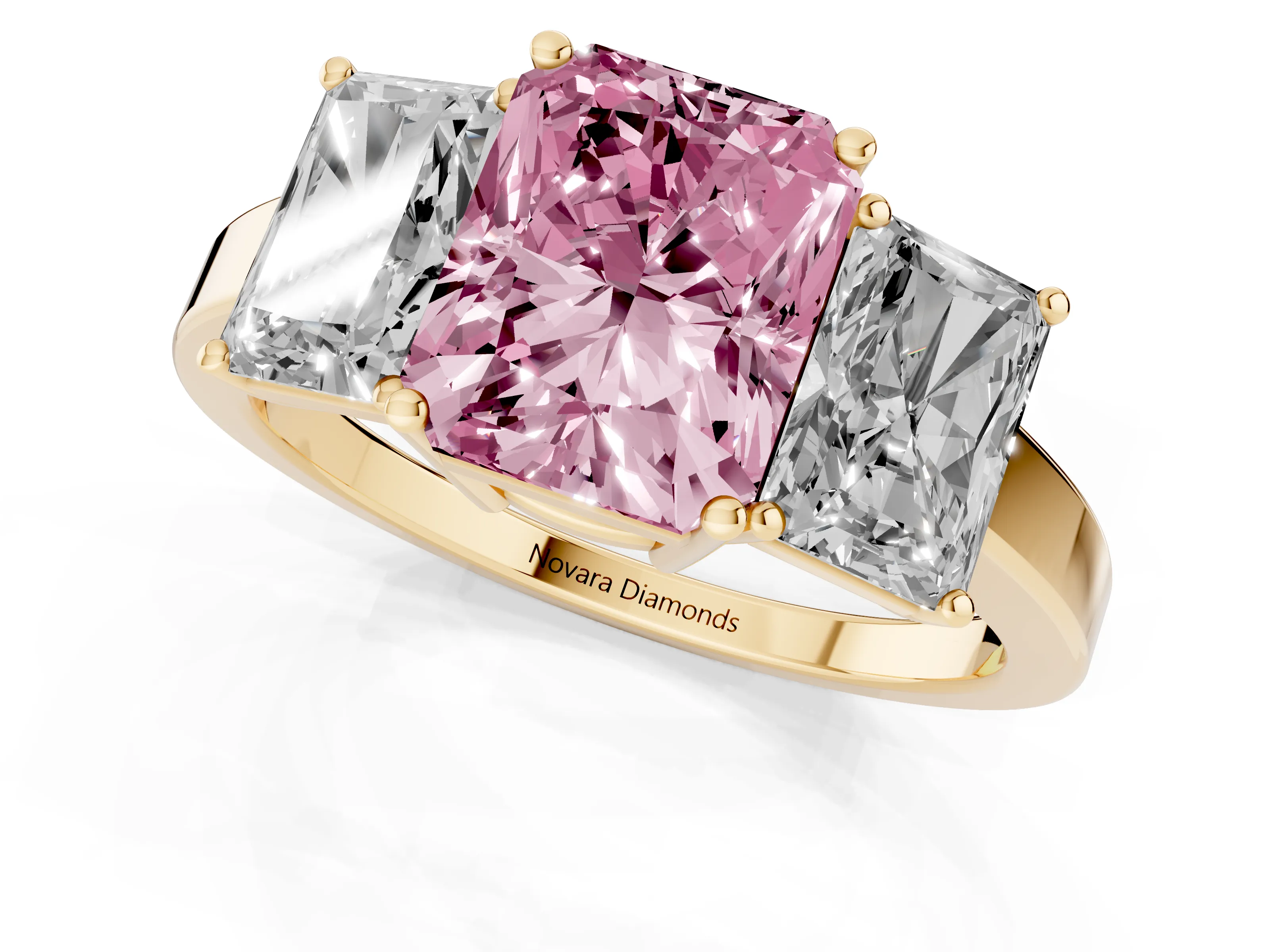 Fancy Pink Radiant Cut Diamond Three-Stone Engagement Ring Set in Yellow gold with Flat Band