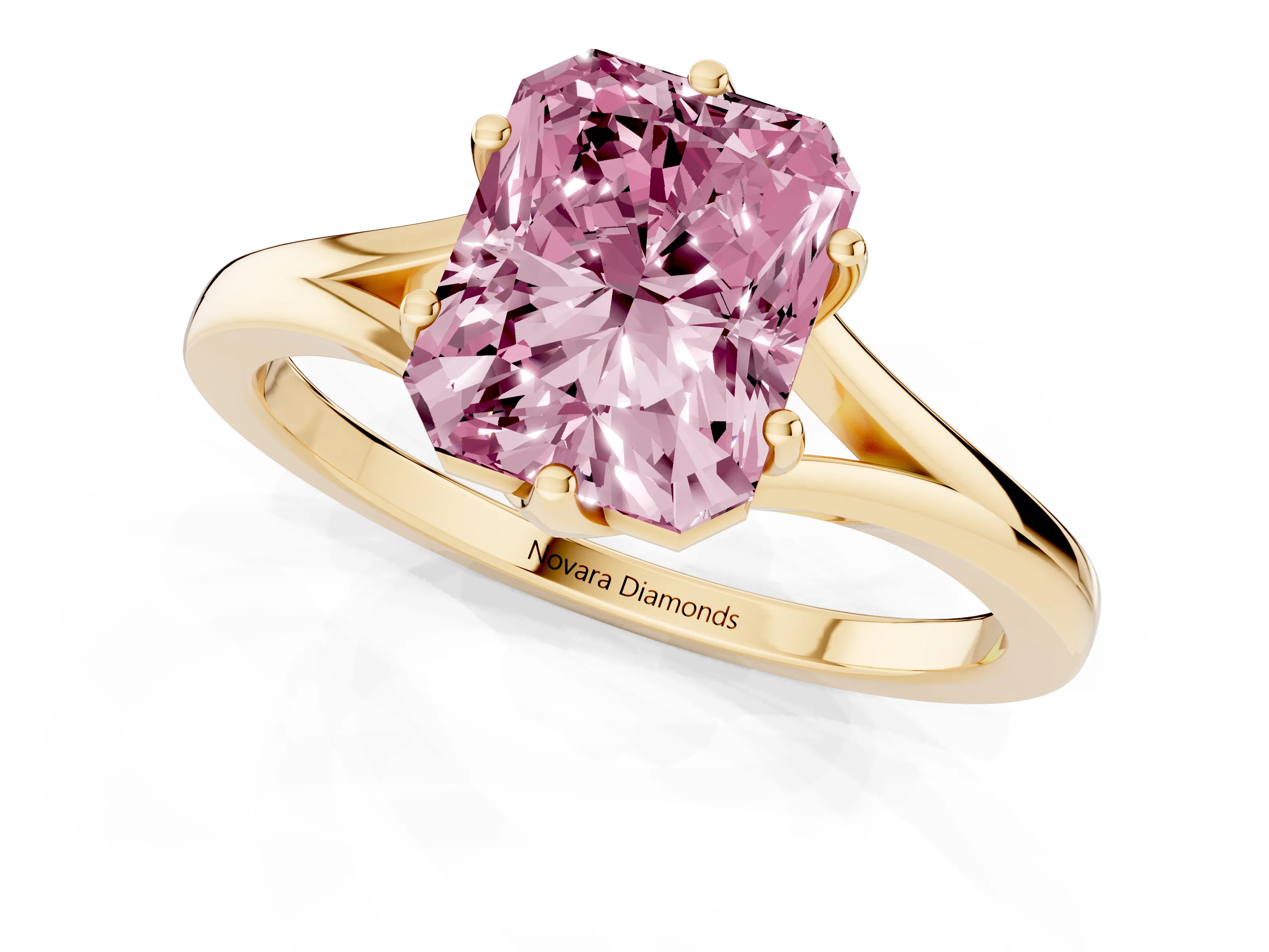 Fancy Pink Radiant Cut Diamond Solitaire Ring Set in Yellow gold with Polished Tapered Band and Prong Setting