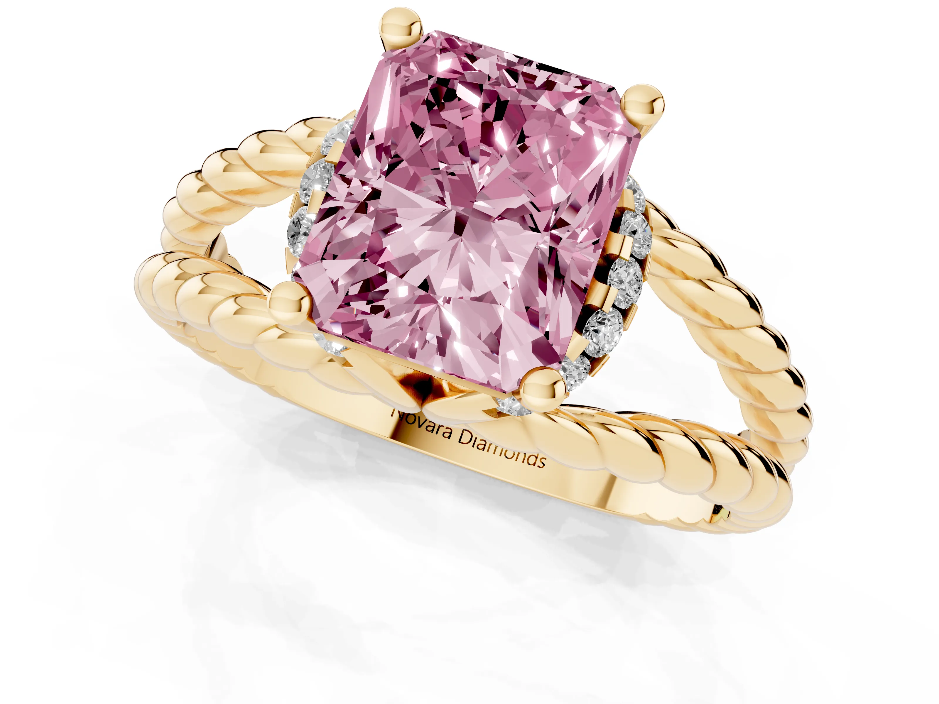 Fancy Pink Radiant Cut Diamond Halo Ring Set in Yellow gold with Twisted Band and Prong Setting