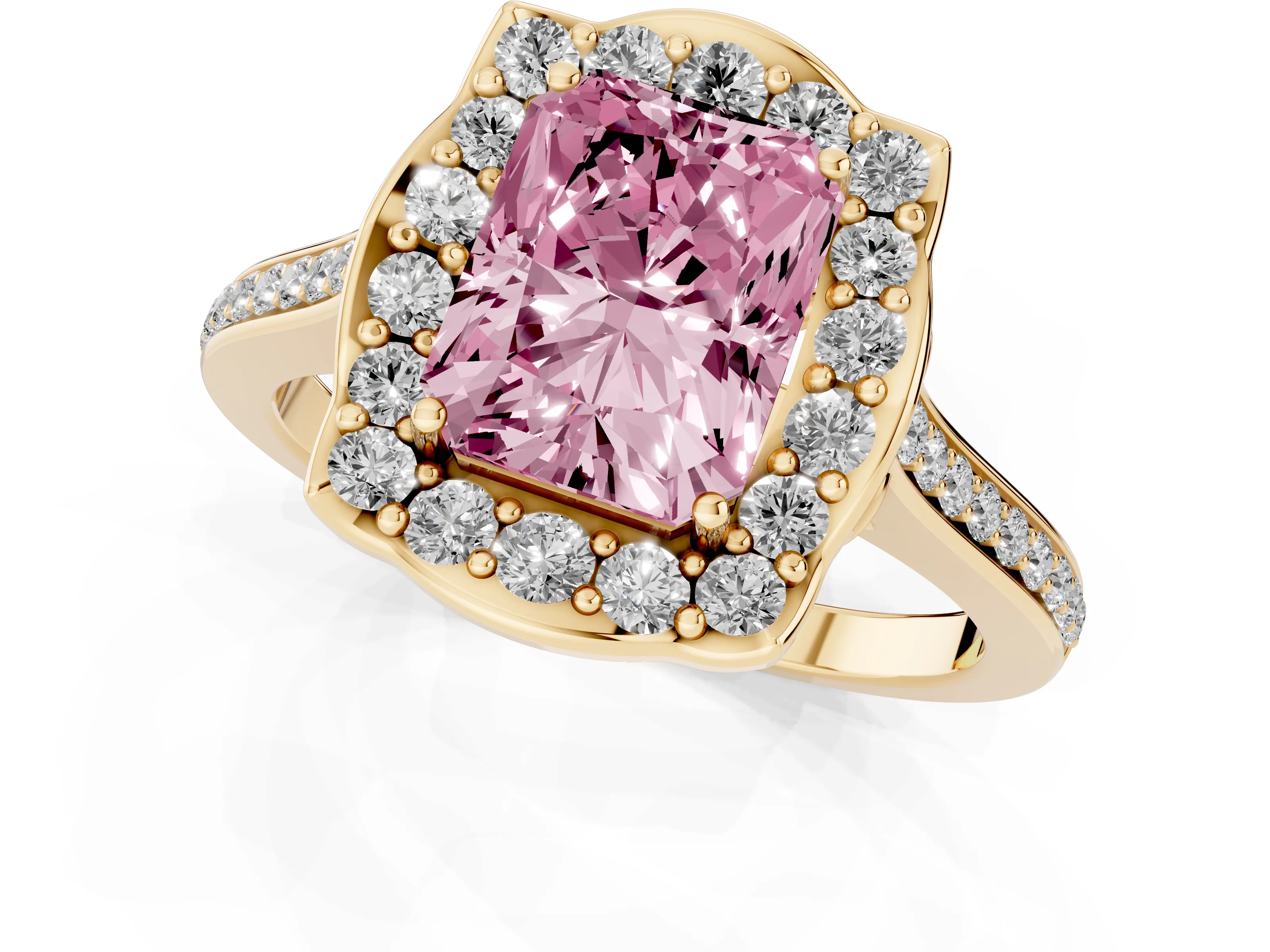Fancy Pink Radiant Cut Diamond Halo Ring Set in Yellow gold with Pavé-Lined Shoulders and Prong Setting