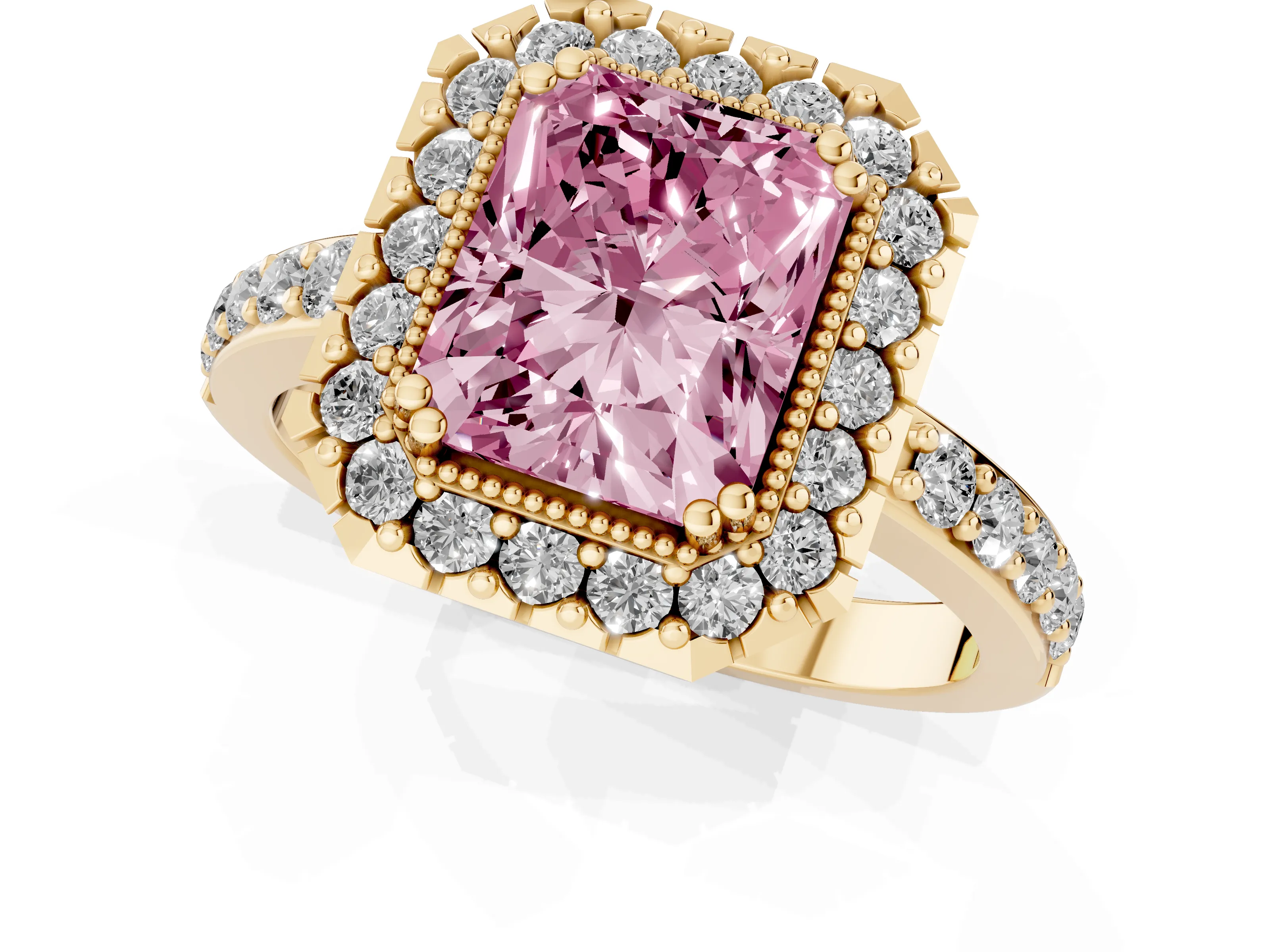 Fancy Pink Radiant Cut Diamond Halo Ring Set in Yellow gold with Pavé Shank and Prong Setting