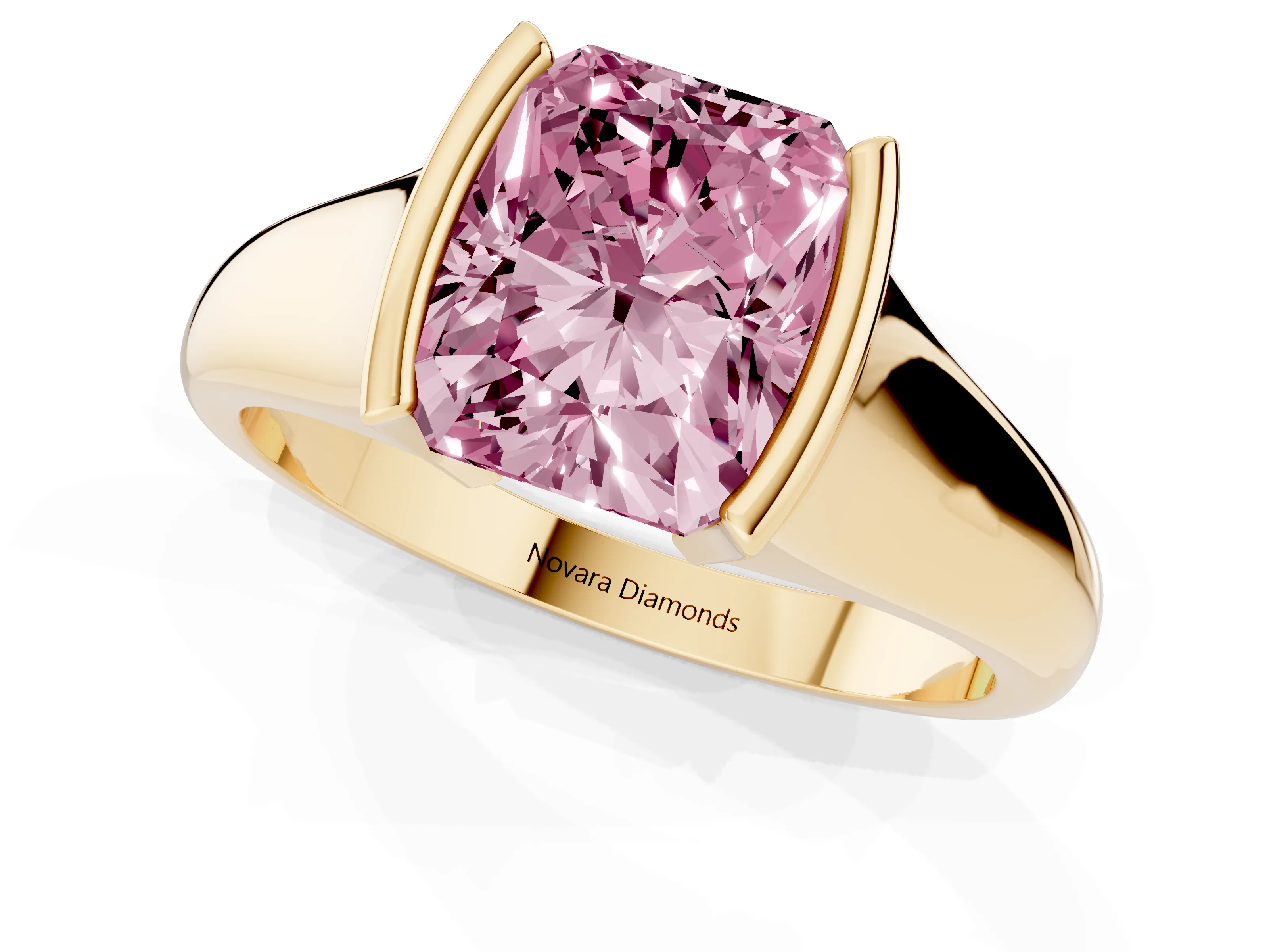 Fancy Pink Radiant Cut Diamond Solitaire Tension Set Ring Set in Yellow gold with Split Shank Band