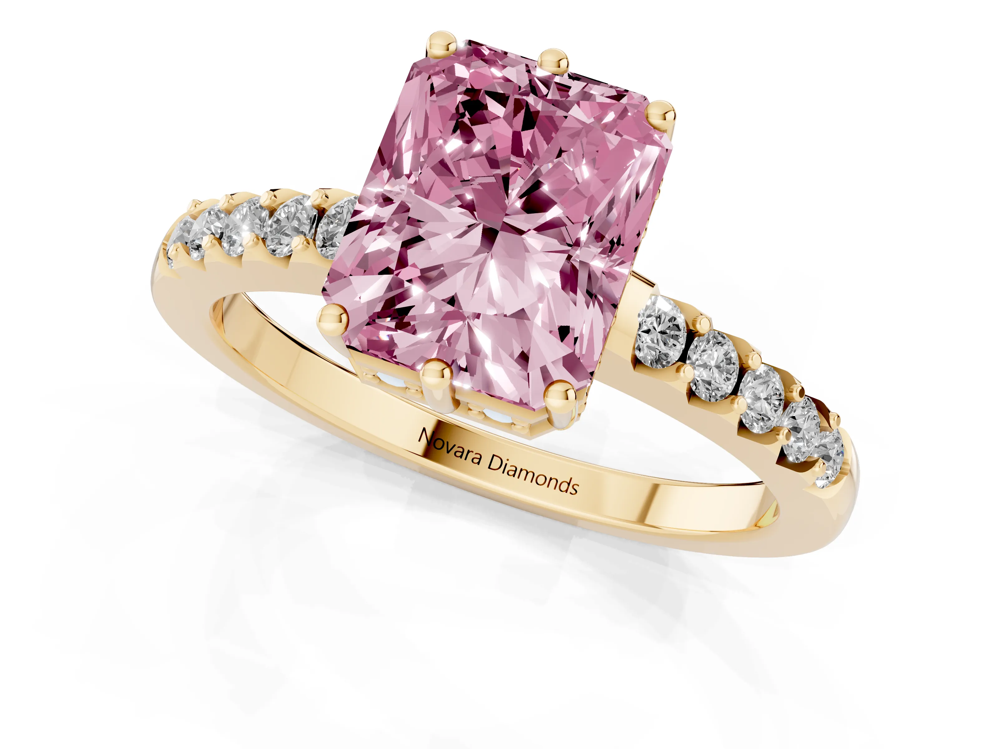 Fancy Pink Radiant Cut Diamond Solitaire Engagement Ring Set in Yellow gold with Pavé Band and Prong Setting