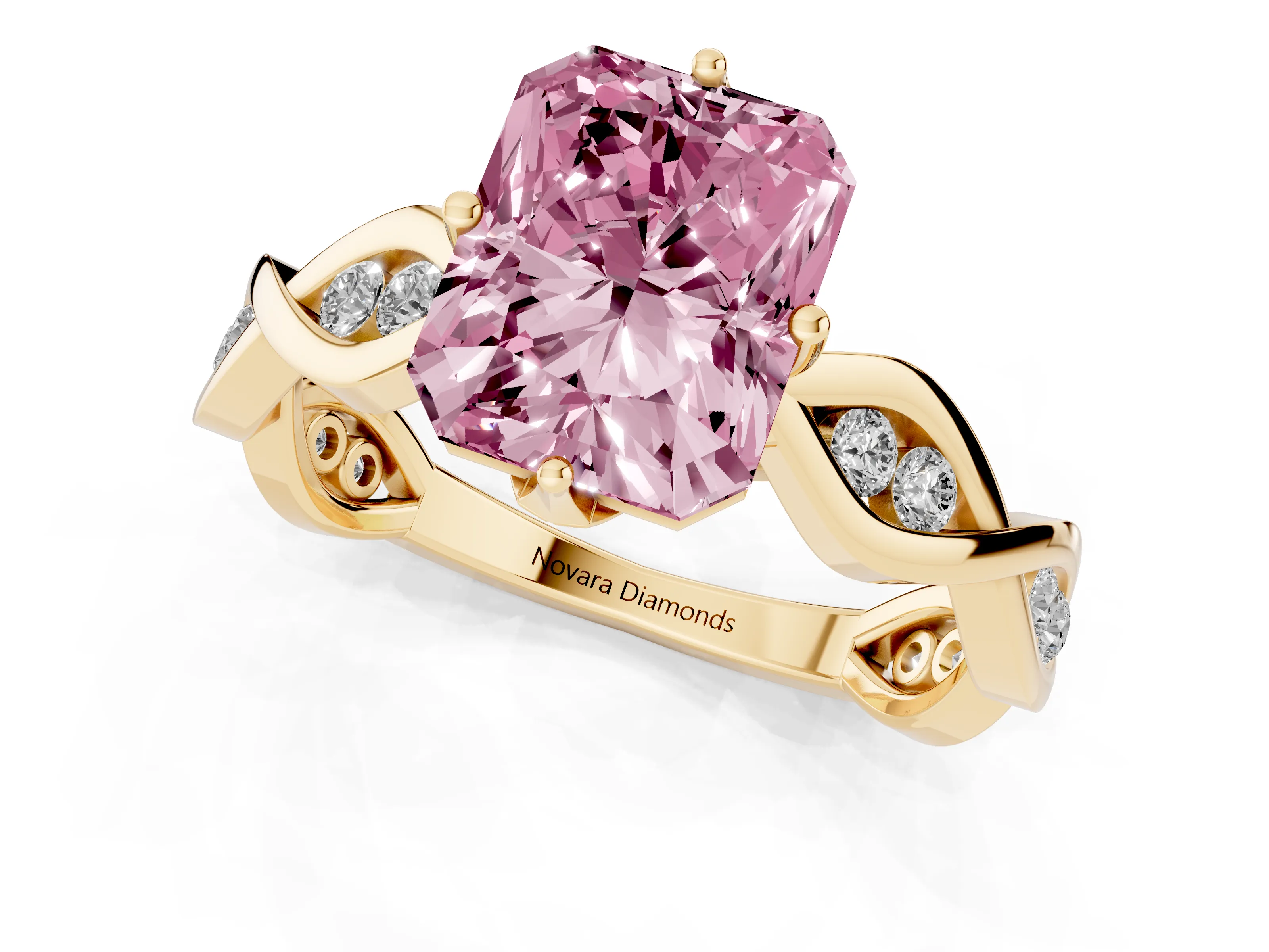 Fancy Pink Radiant Cut Diamond Twist Band Solitaire Ring Set in Yellow gold with Leaf Prong Setting and Accent Stones
