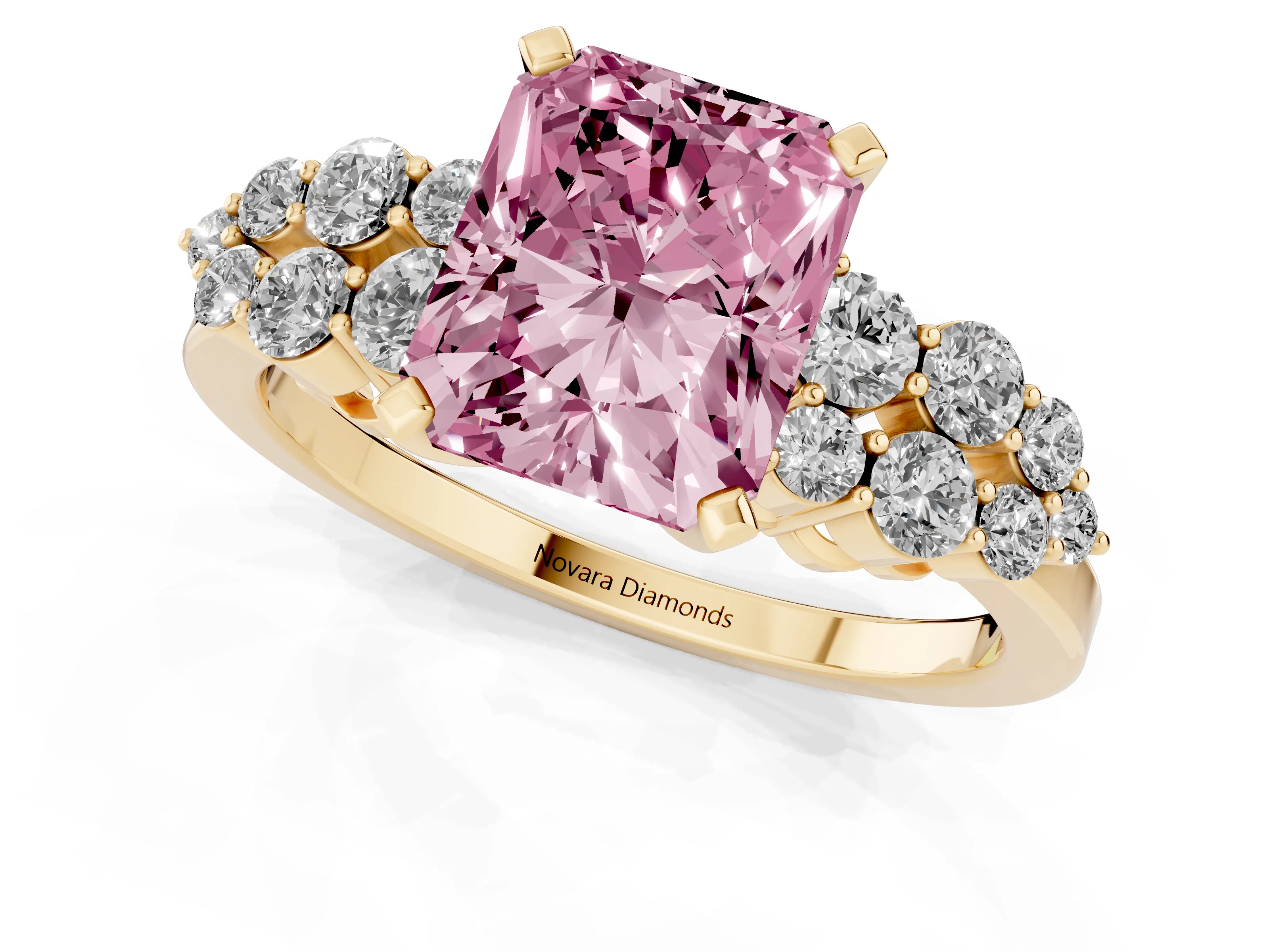 Fancy Pink Radiant Cut Diamond Cluster Engagement Ring Set in Yellow gold with Pavé Band and Prong Setting