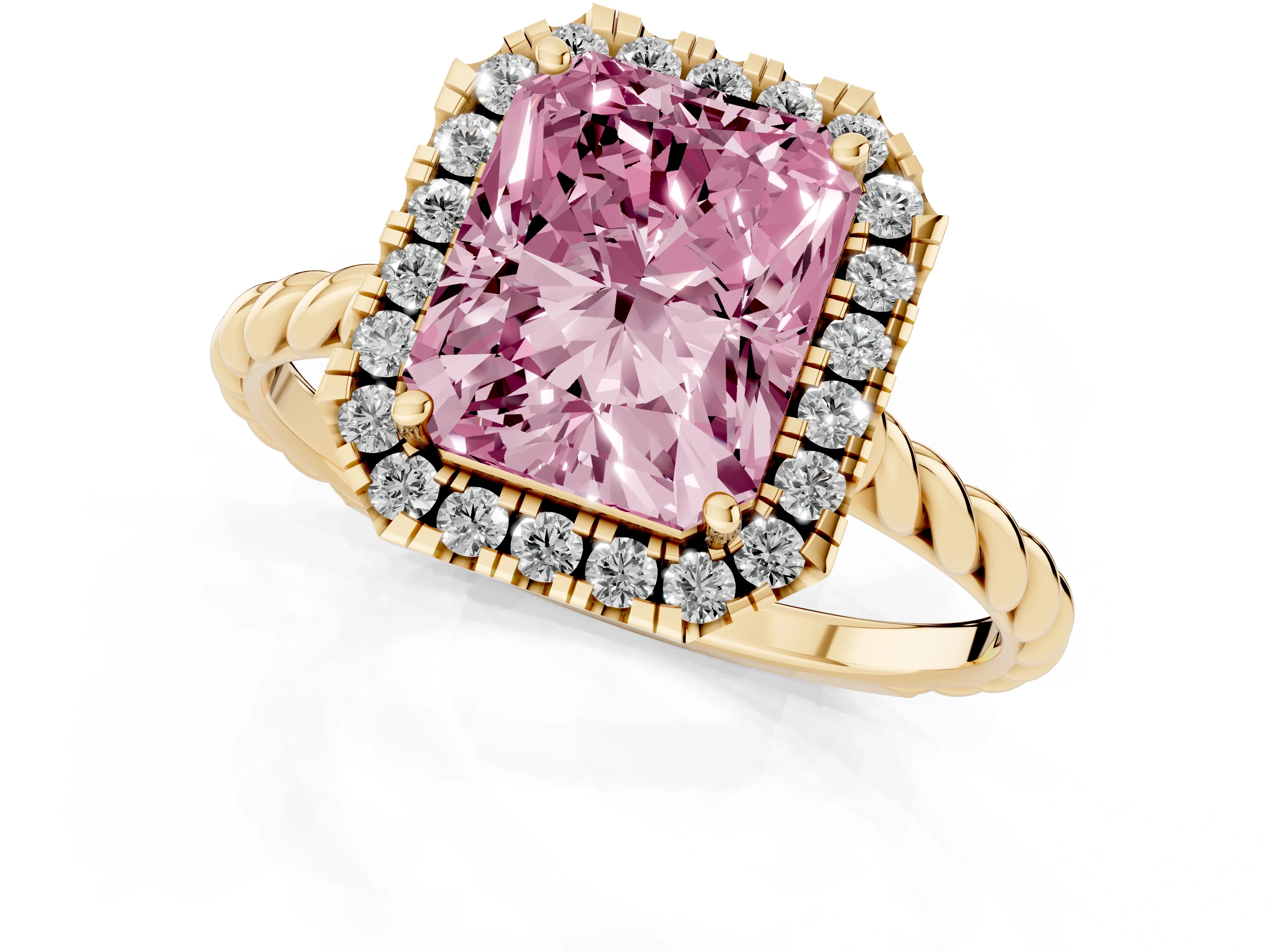 Fancy Pink Radiant Cut Diamond Halo Ring Set in Yellow gold with Plain Twisted Band