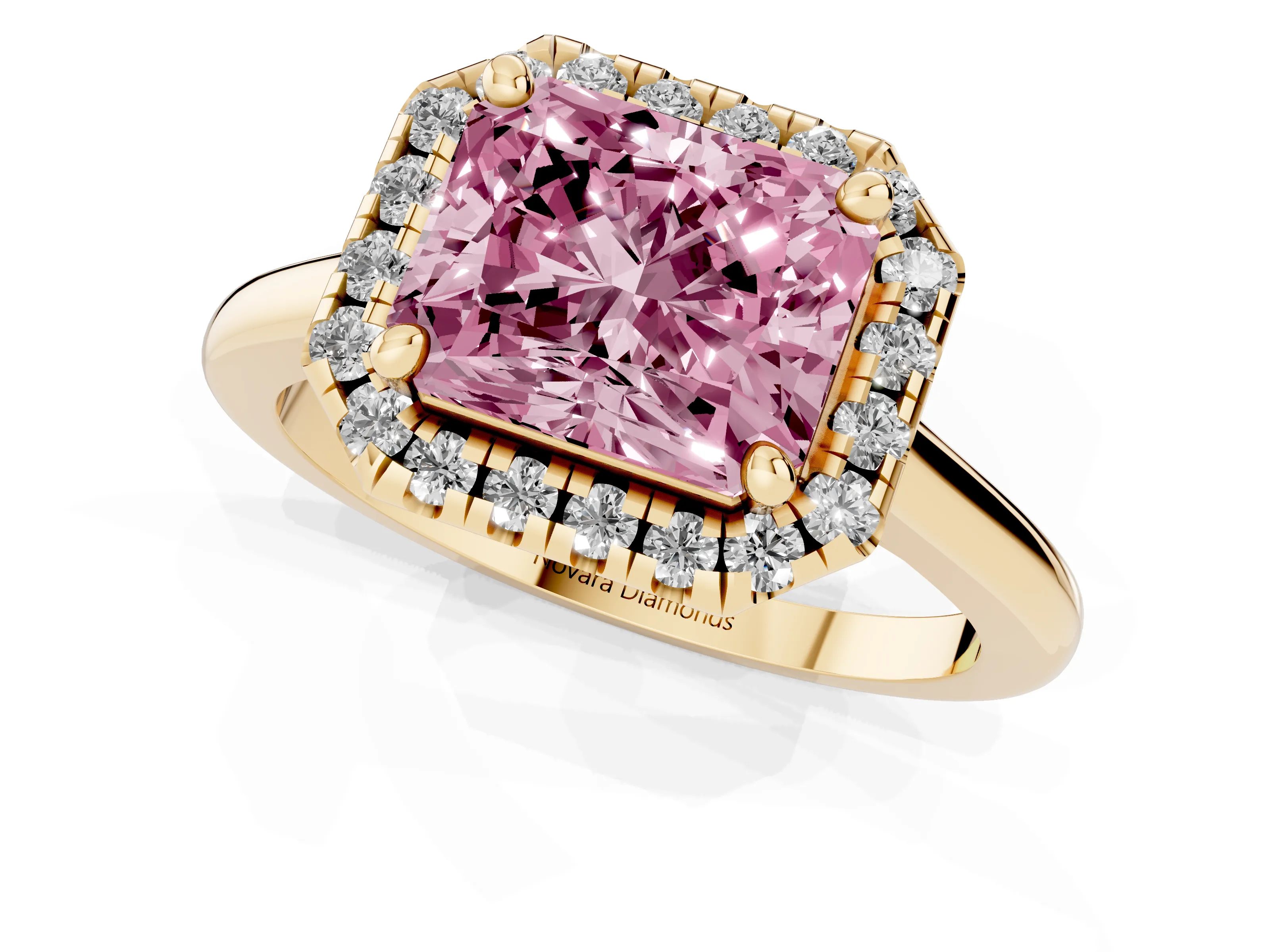 Fancy Pink Radiant Cut Diamond Halo Engagement Ring Set in Yellow gold with Pavé Band and Rising Shoulders