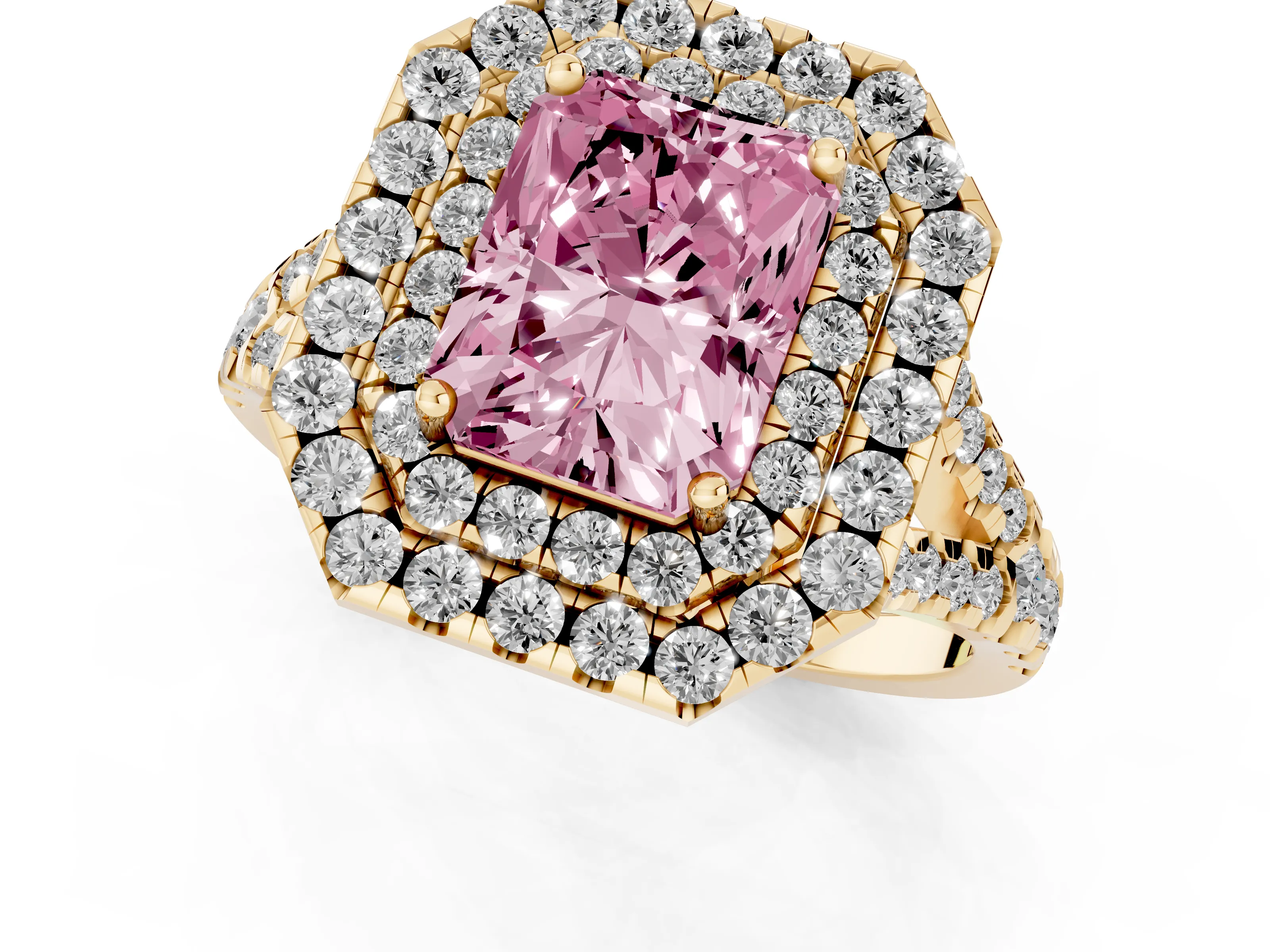 Fancy Pink Radiant Cut Diamond Double Halo Ring Set in Yellow gold with Pavé Split Shank and Prong Setting