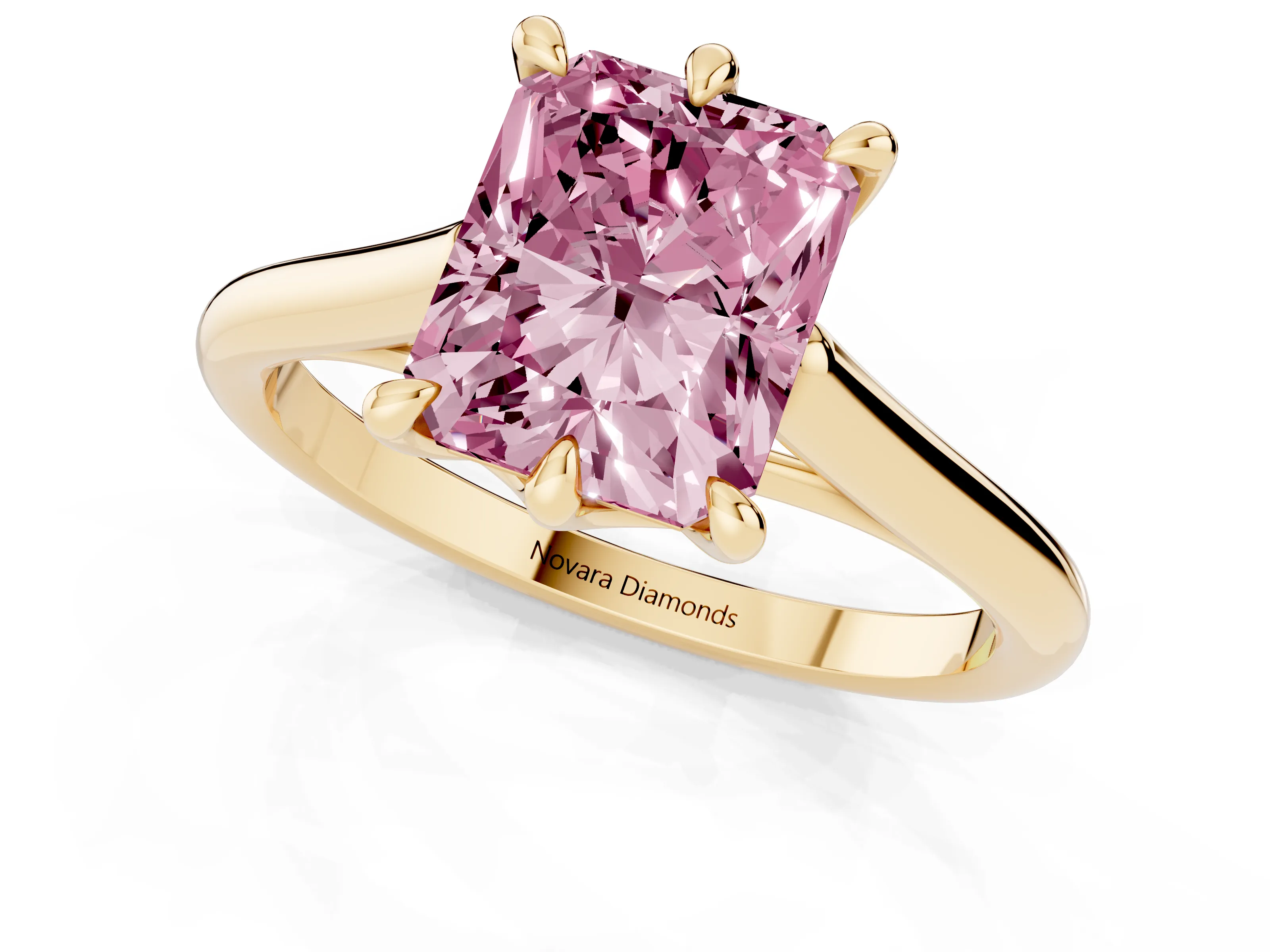 Fancy Pink Radiant Cut Diamond Solitaire Engagement Ring Set in Yellow gold with Prong Setting and Plain Classic Band