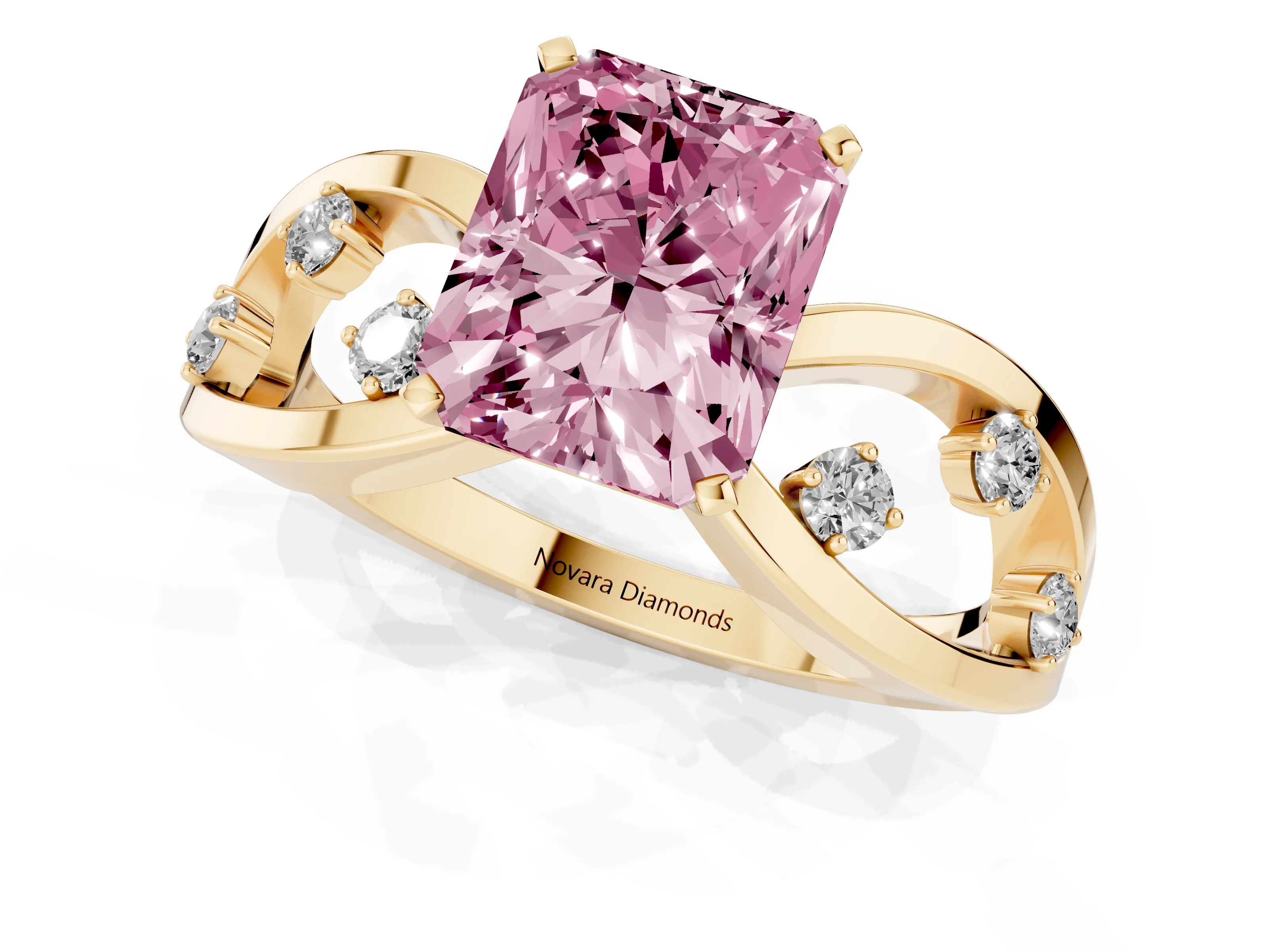 Fancy Pink Radiant Cut Diamond Solitaire Ring Set in Yellow gold with Side Stones on Criss-Cross Band and Prong Setting