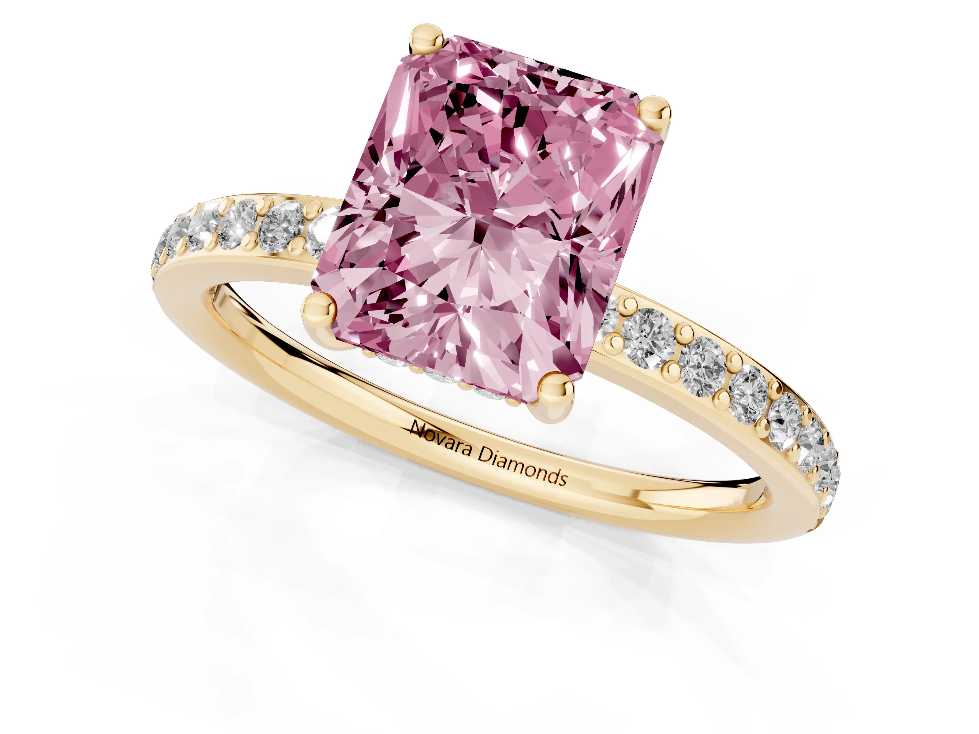 Fancy Pink Radiant Cut Diamond Pavé Band Ring Set in Yellow gold with Prong-Set Center Stone