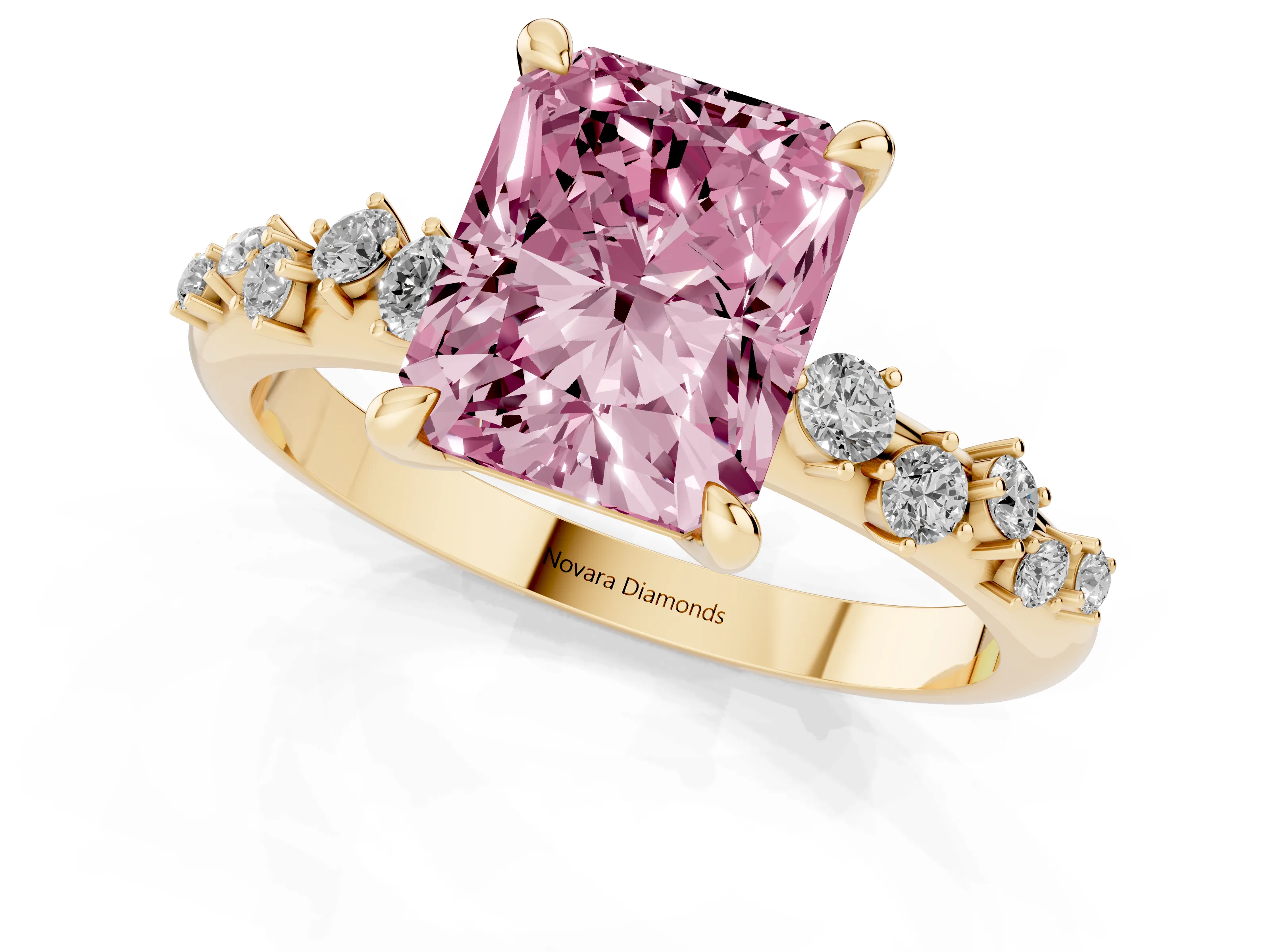 Fancy Pink Radiant Cut Diamond Solitaire Vine Band Ring Set in Yellow gold with Round Accents and Prong Setting – second view