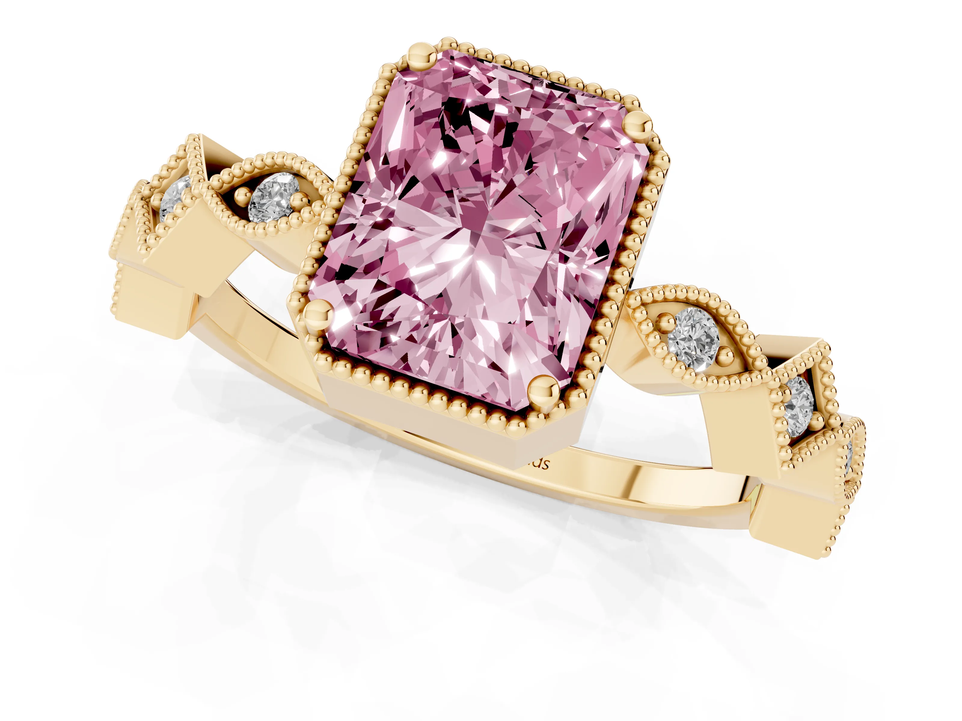 Fancy Pink Radiant Cut Diamond Milgrain Marquise Twist Band Ring Set in Yellow gold with Prong Setting