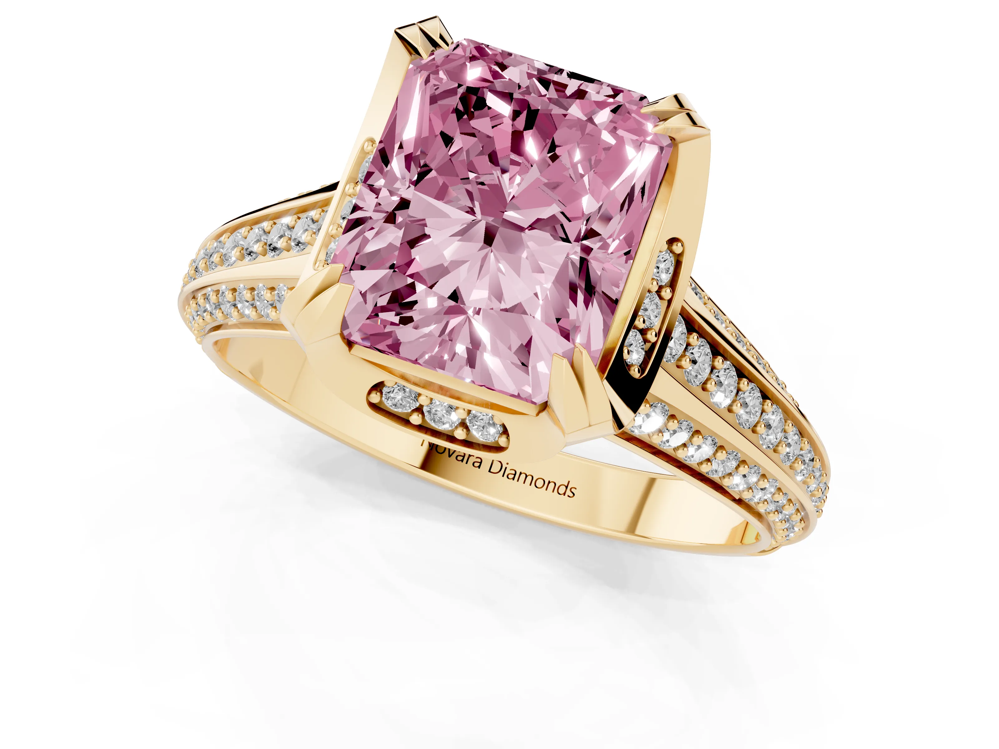 Fancy Pink Radiant Cut Diamond Pavé Split Shank Solitaire Ring Set in Yellow gold with Prong Setting
