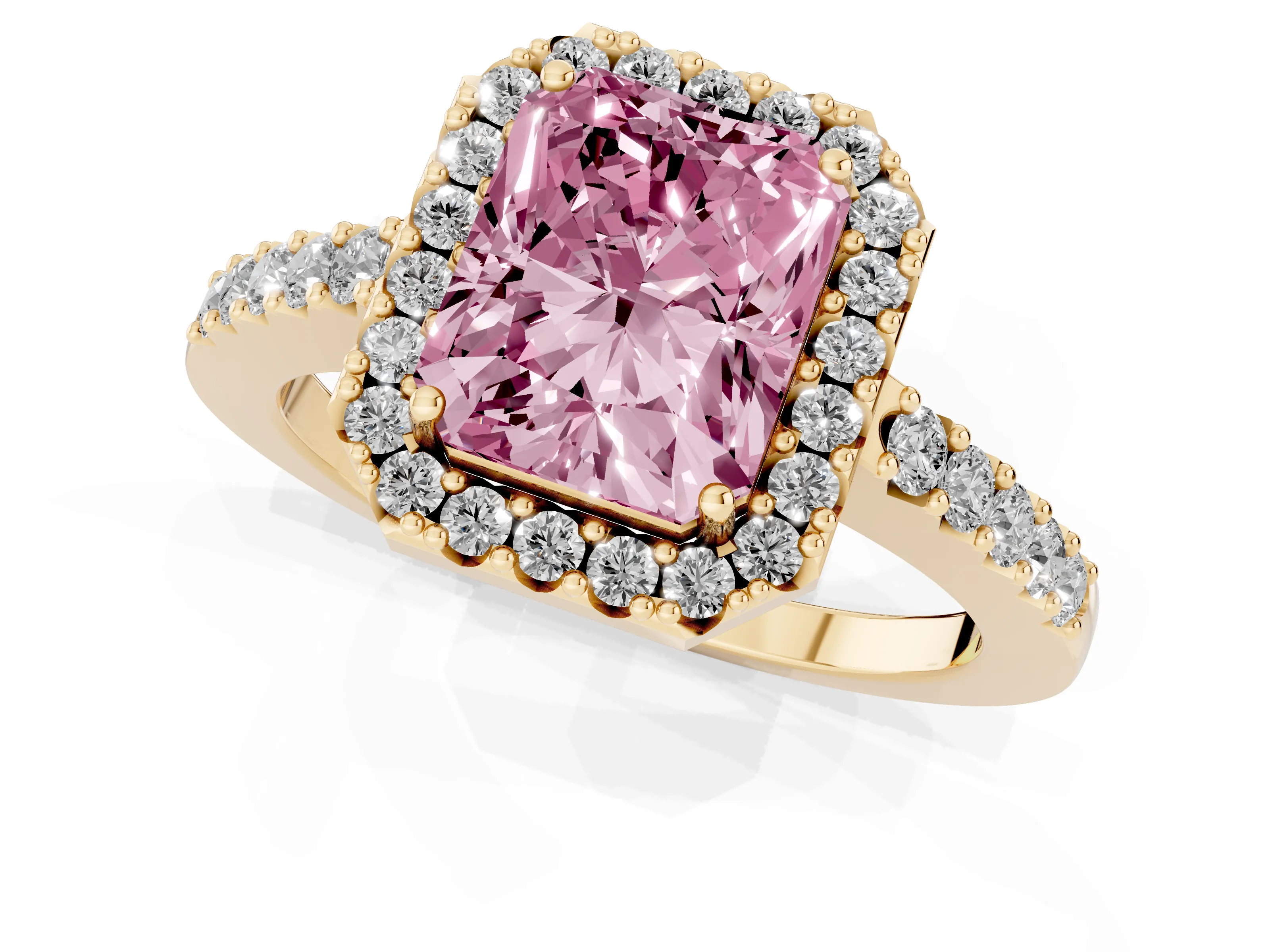 Fancy Pink Radiant Cut Diamond Halo Pavé Solitaire Ring Set in Yellow gold with Prong-Set Center Stone