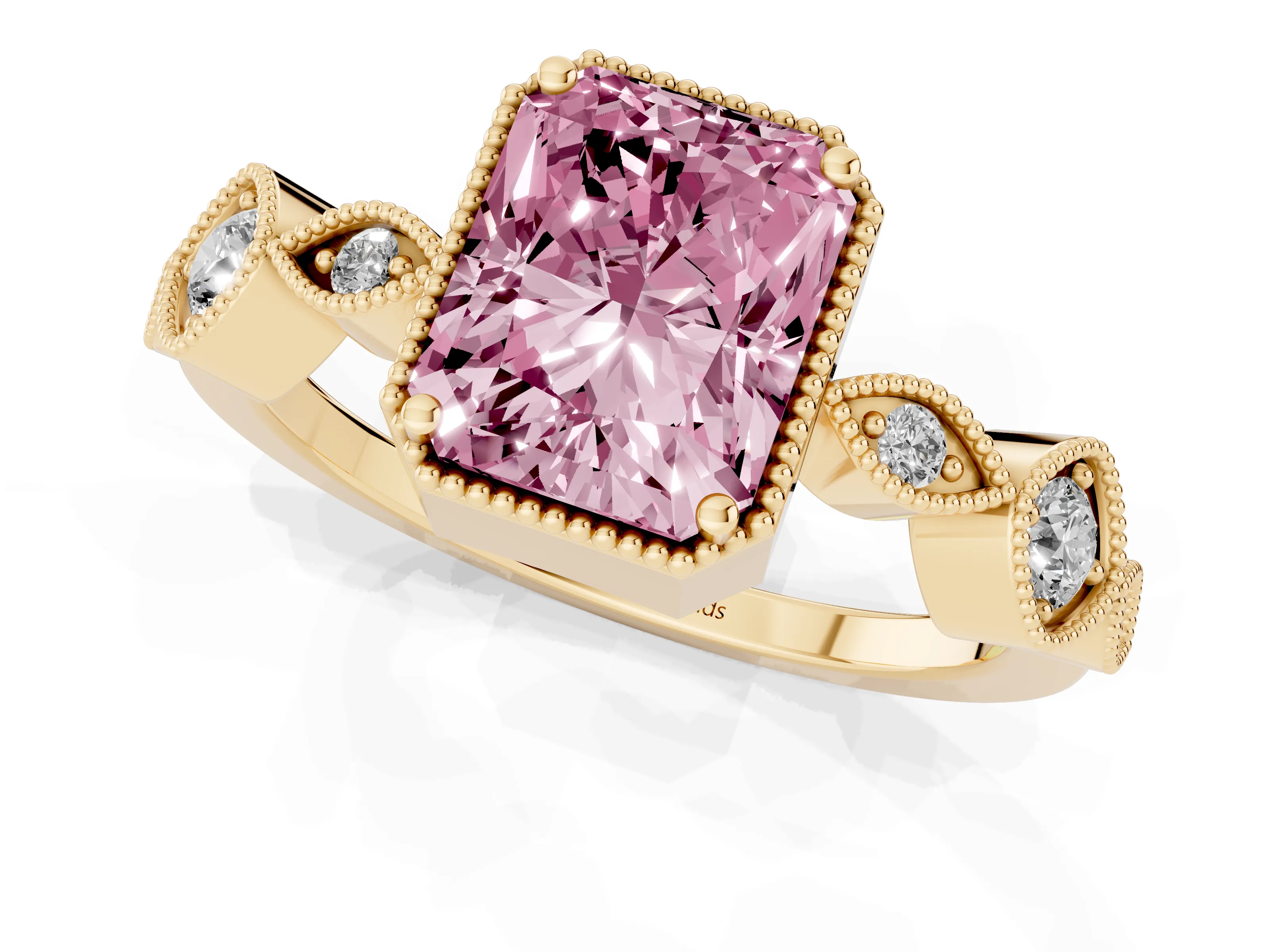Fancy Pink Radiant Cut Diamond Vintage-Inspired Milgrain Ring Set in Yellow gold with Marquise Stations of Round Accents