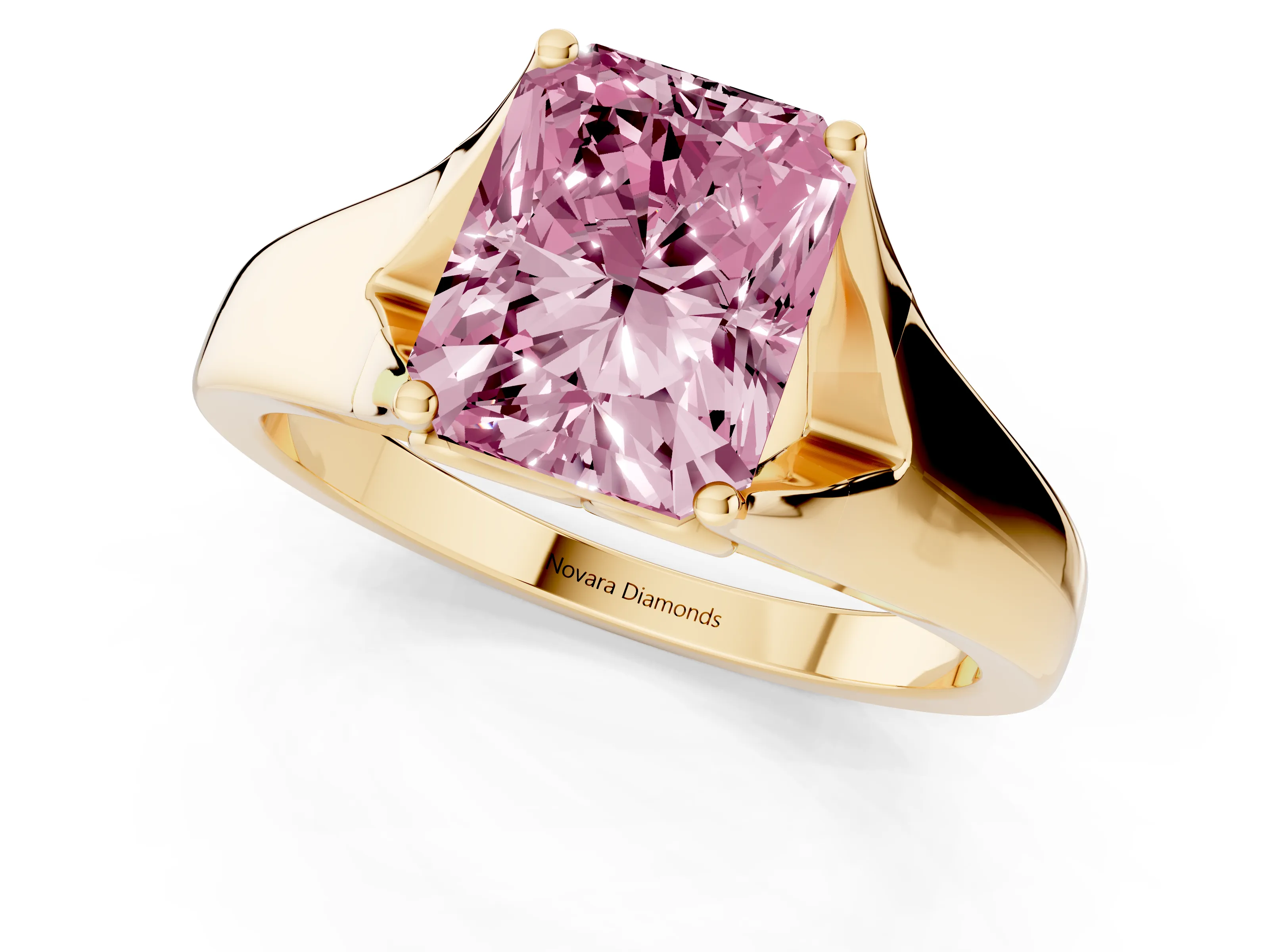 Fancy Pink Radiant Cut Diamond Solitaire Ring Set in Yellow gold with Arched Cathedral Band and Prong Setting
