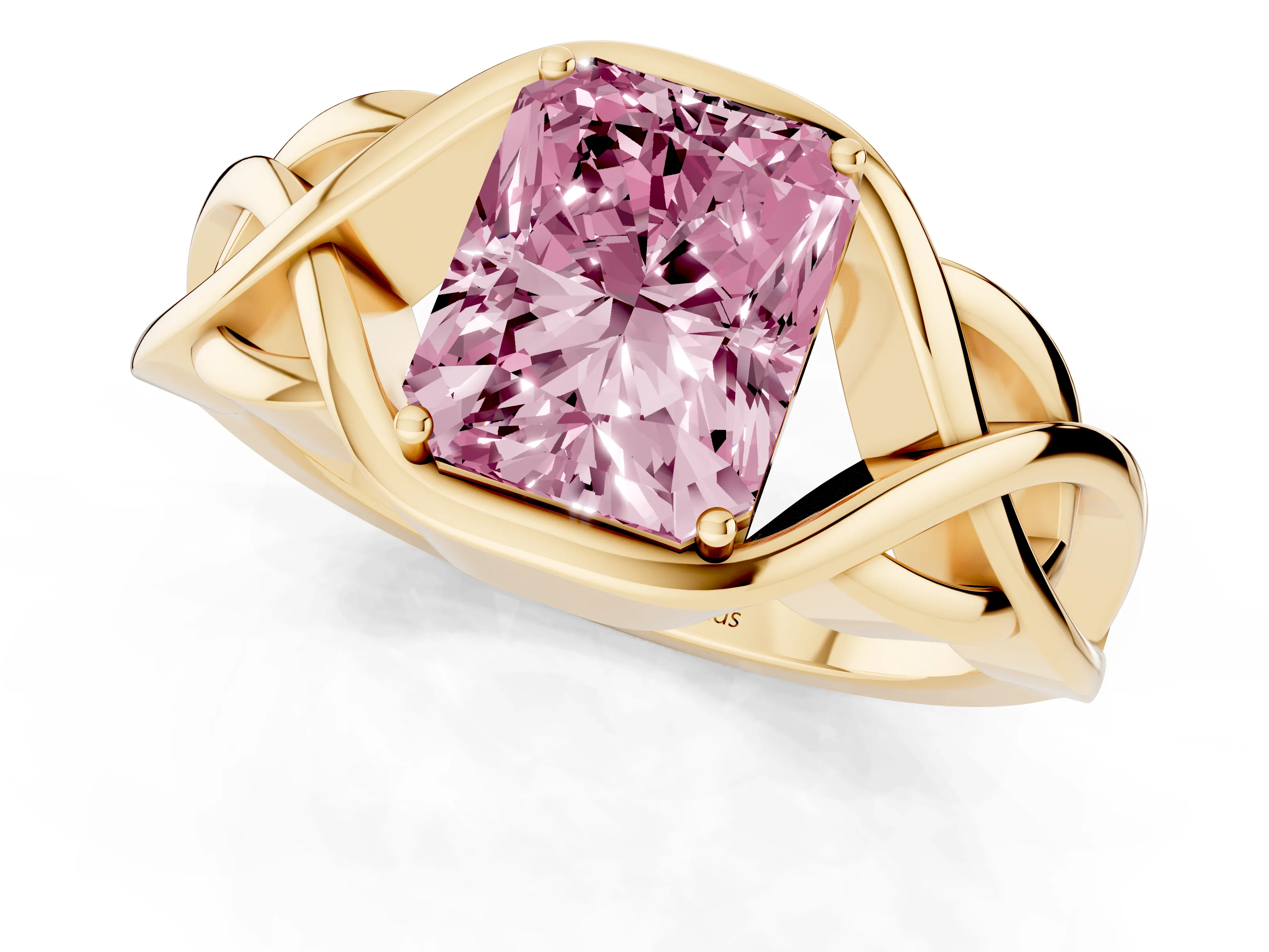 Fancy Pink Radiant Cut Diamond Solitaire Ring Set in Yellow gold with Intertwined Band