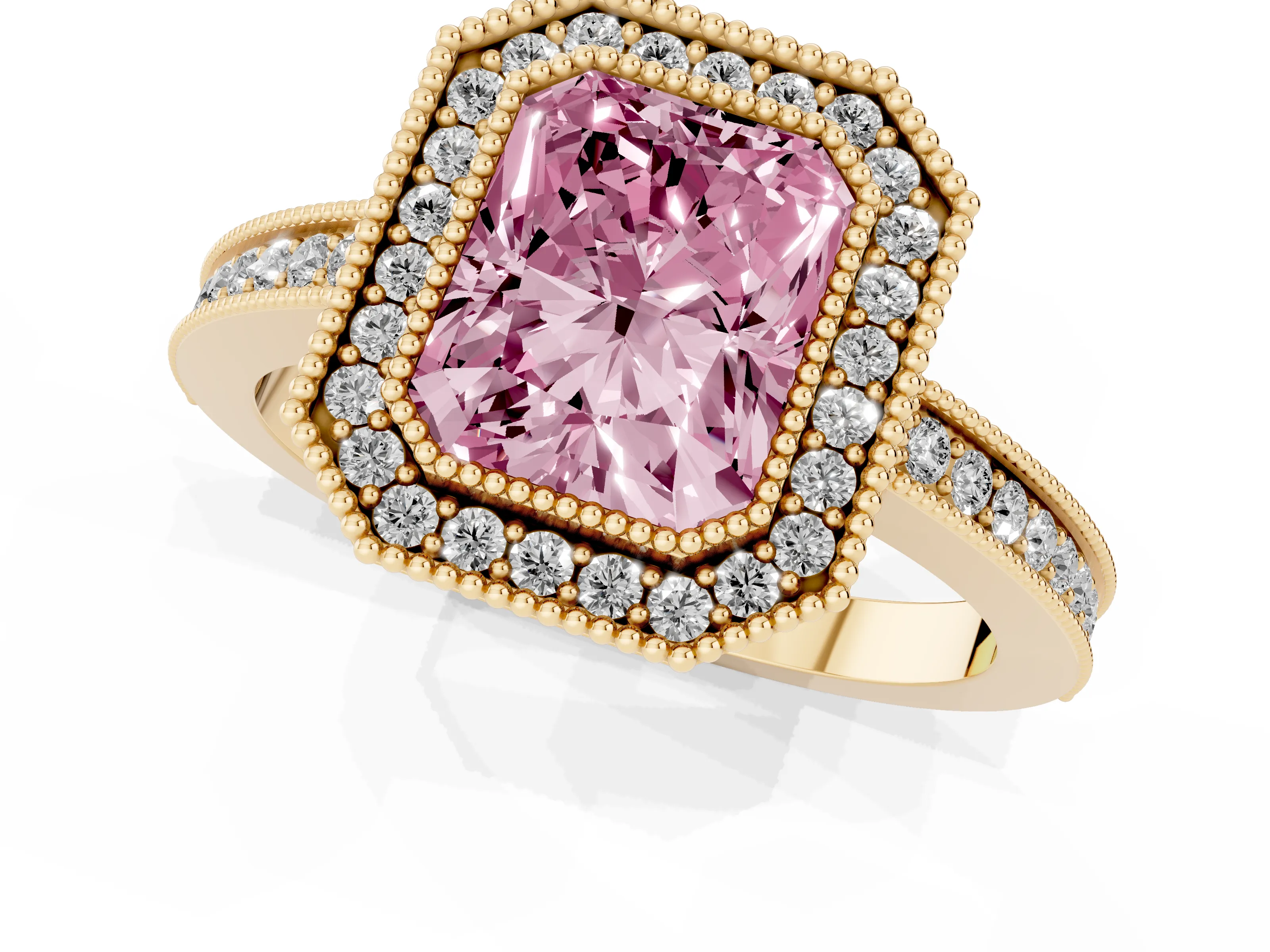 Fancy Pink Radiant Cut Diamond Halo Ring Set in Yellow gold with Pavé Band and Milgrain-Edged Prongs