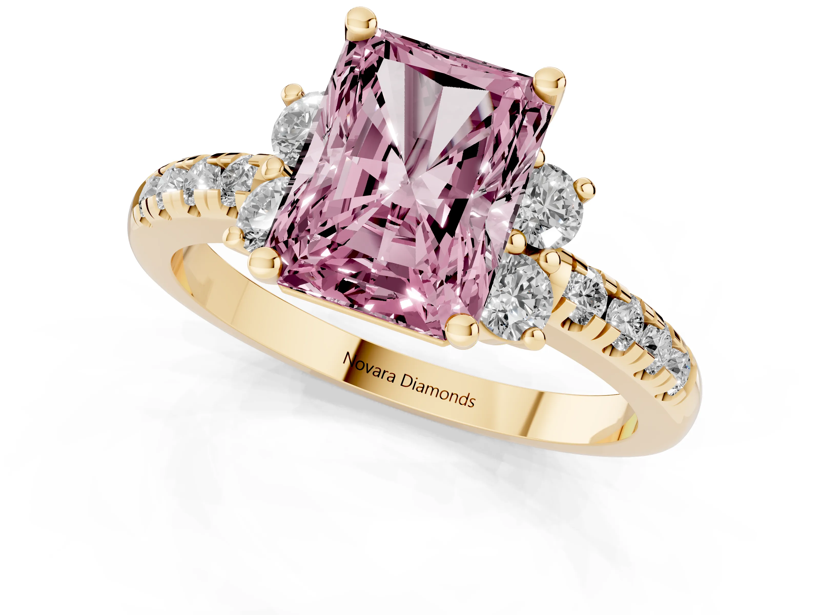 Fancy Pink Radiant Cut Diamond Three-Stone Pavé Ring Set in Yellow gold with Prong Setting