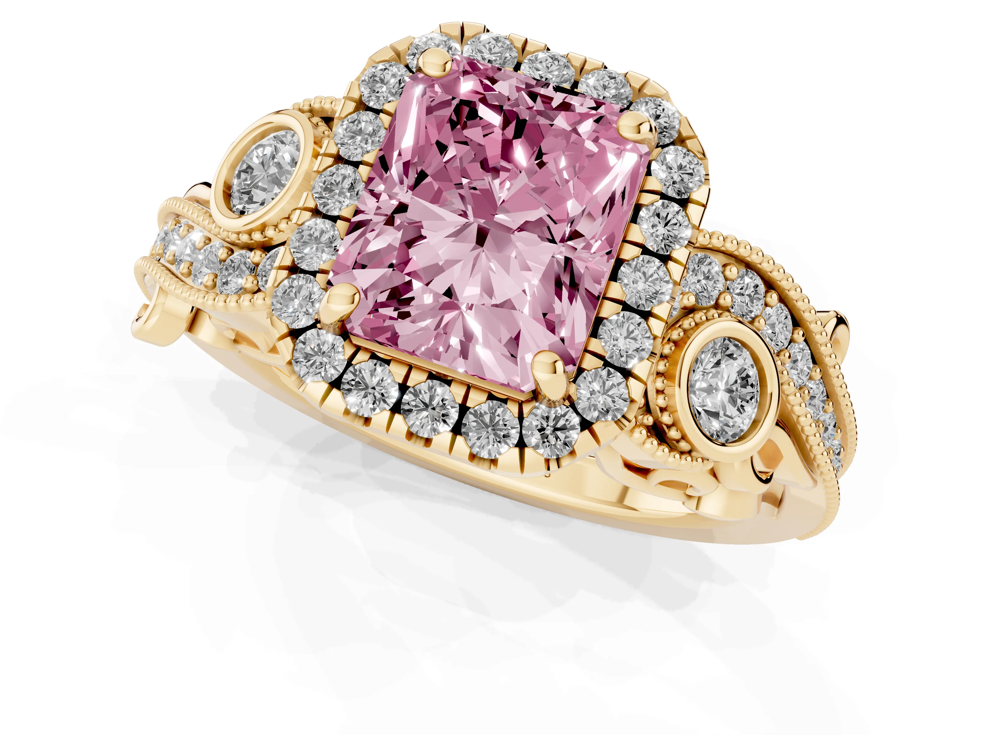 Fancy Pink Radiant Cut Diamond Halo Ring Set in Yellow gold with Milgrain Pavé Band and Prong Setting