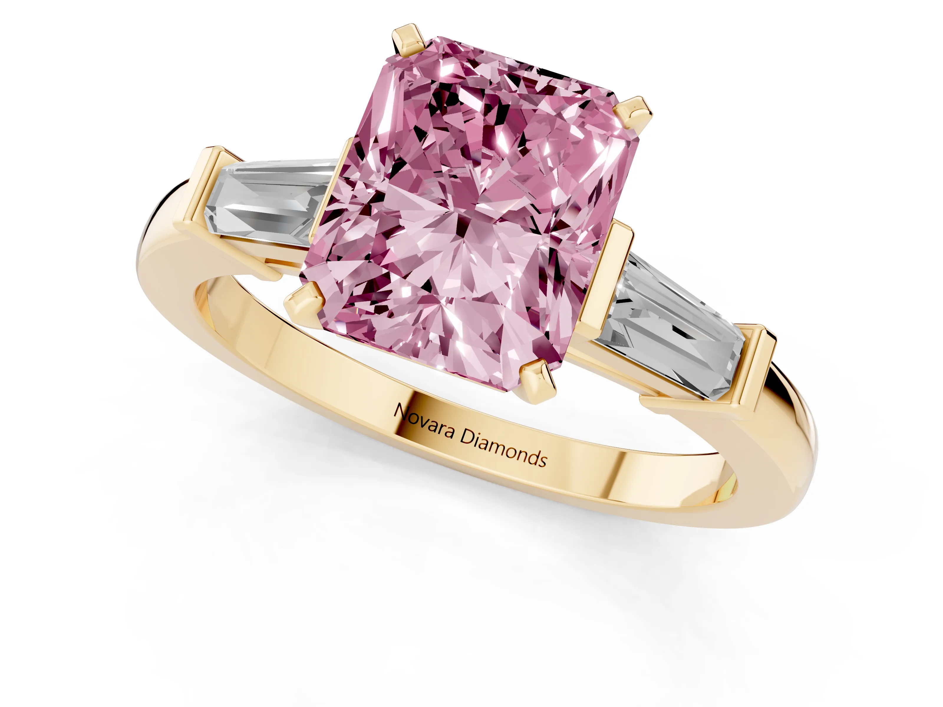Fancy Pink Radiant Cut Diamond Solitaire Ring Set in Yellow gold with Tapered Baguette Accents and Prong Setting