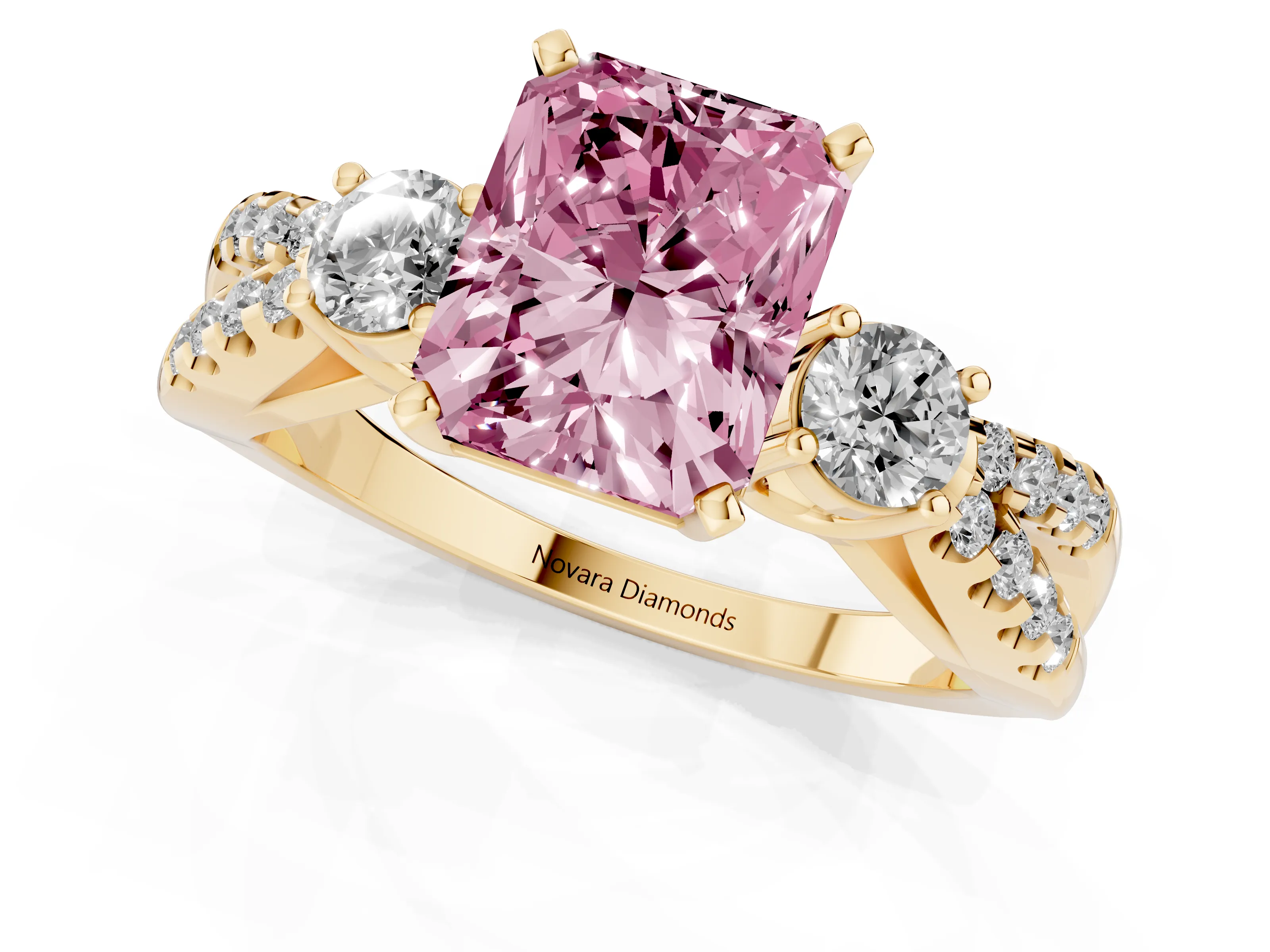 Fancy Pink Radiant Cut Diamond Three-Stone Ring Set in Yellow gold with Pavé Split Shank and Prong Setting