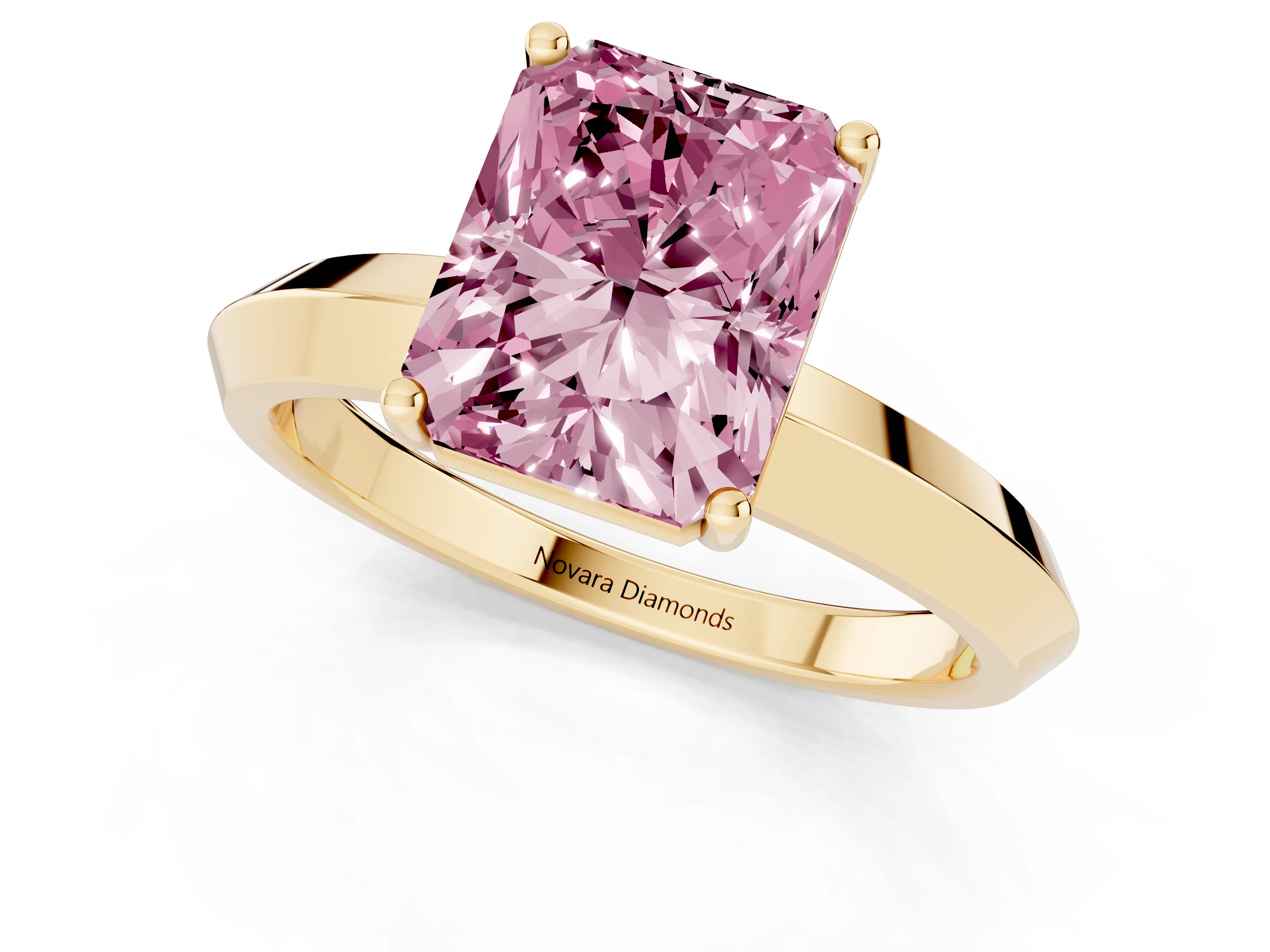 Fancy Pink Radiant Cut Diamond Solitaire Engagement Ring Set in Yellow gold with Flat Band and Prong Setting