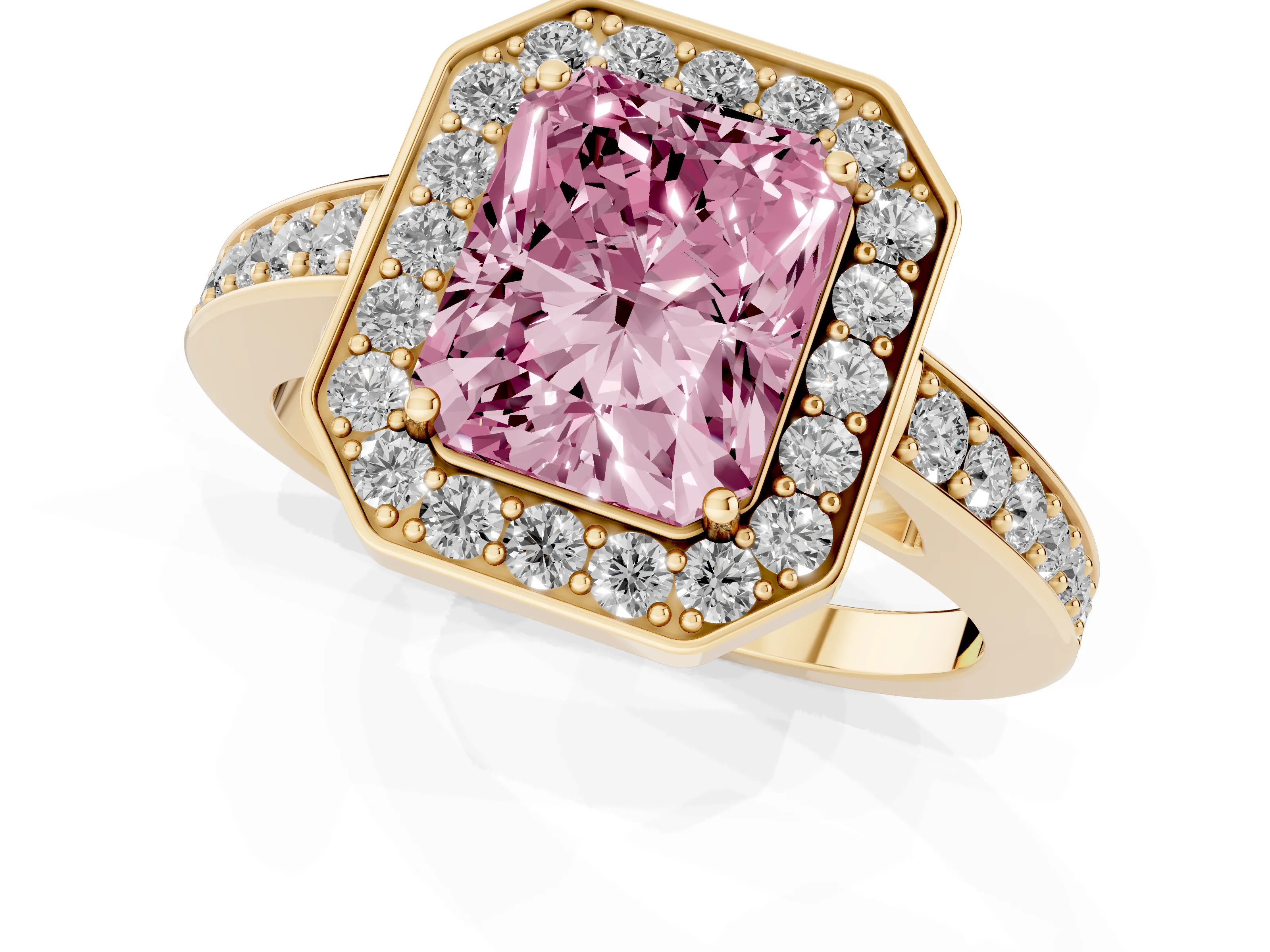 Fancy Pink Radiant Cut Diamond Halo Pavé Engagement Ring Set in Yellow gold with Bezel Setting