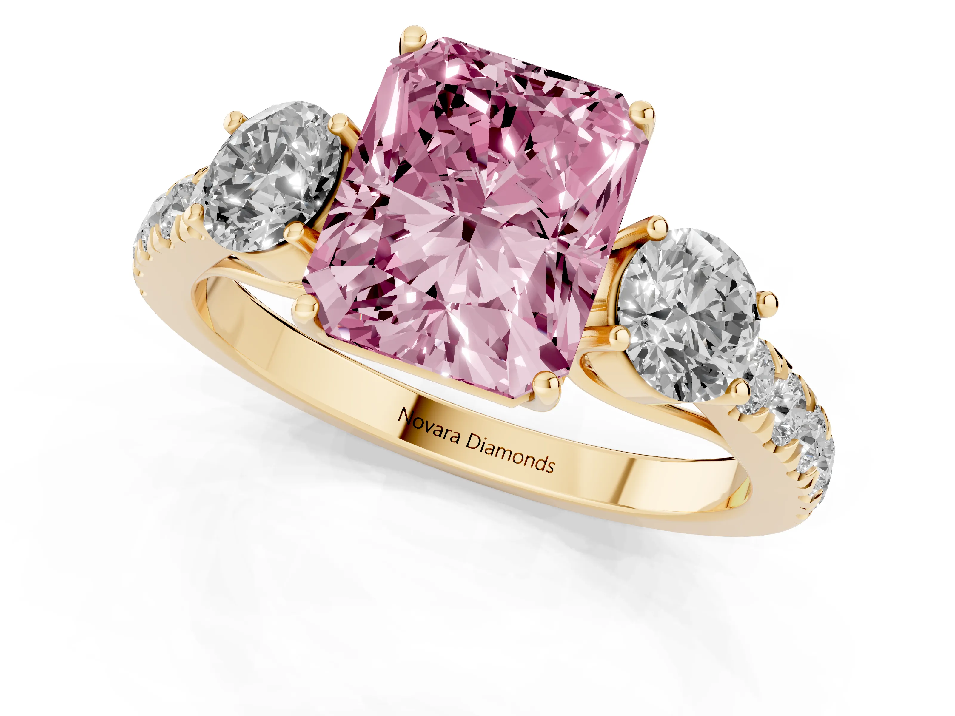 Fancy Pink Radiant Cut Diamond Three-Stone Ring Set in Yellow gold with Round Side Stones and Delicate Pavé Band
