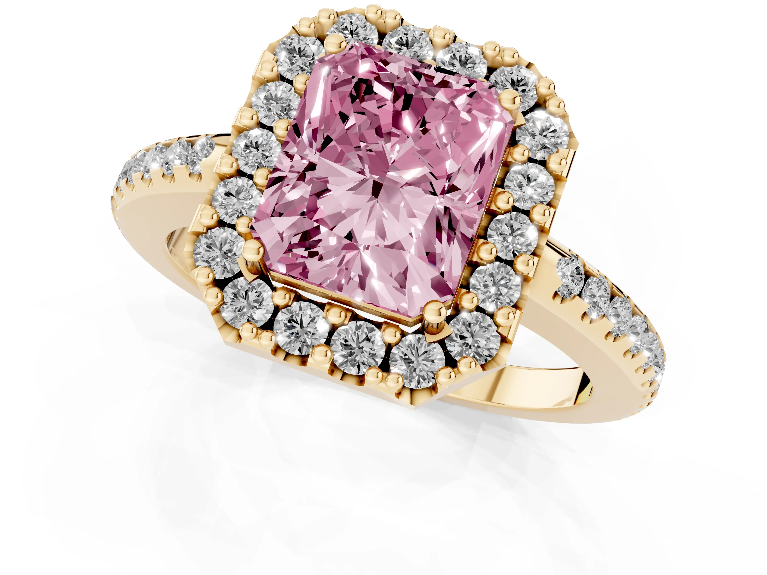 Fancy Pink Radiant Cut Diamond Pavé Halo Ring Set in Yellow gold with Prong Setting