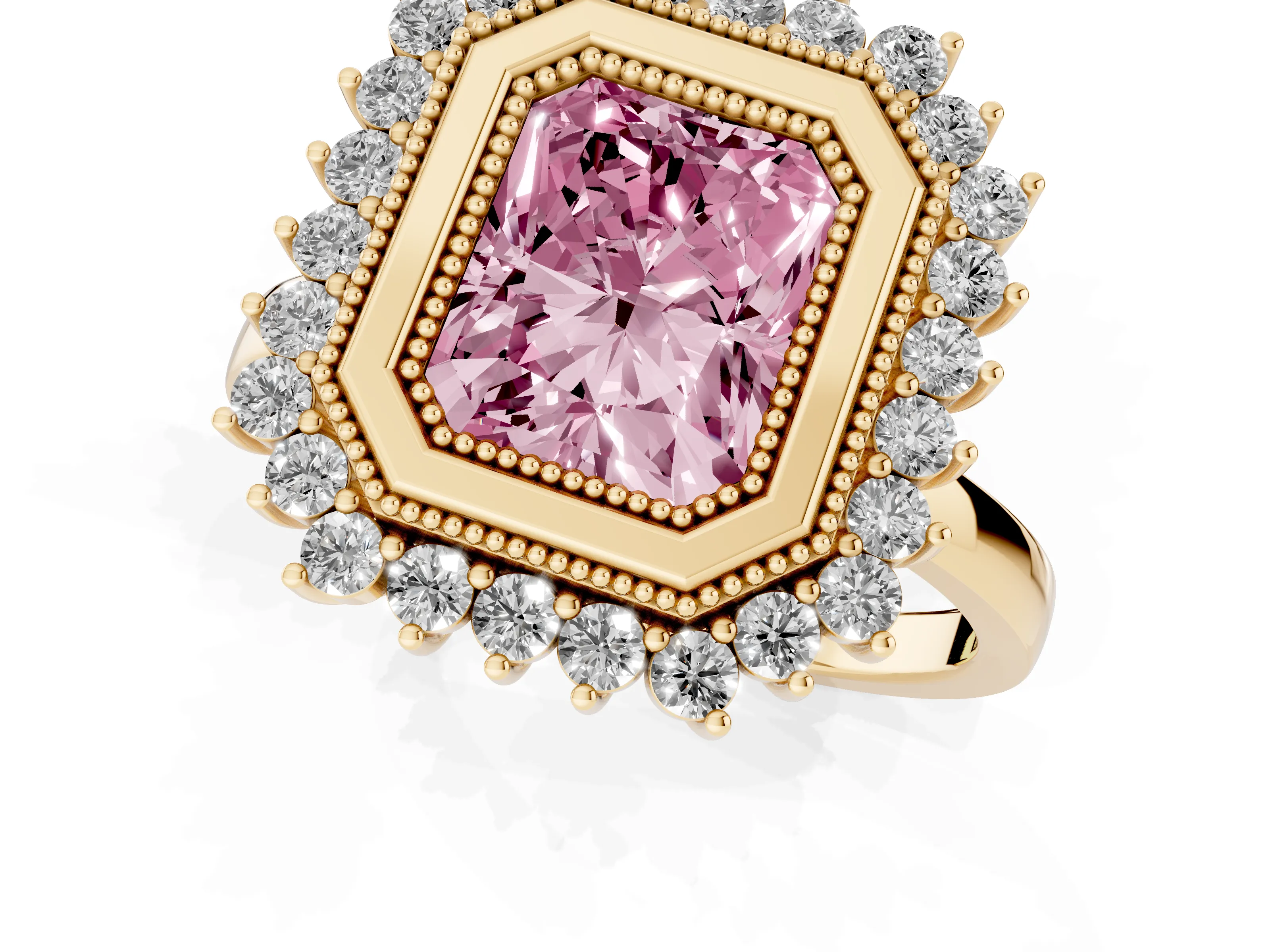 Fancy Pink Radiant Cut Diamond Halo Ring Set in Yellow gold with Milgrain Edge and Round Prong Setting