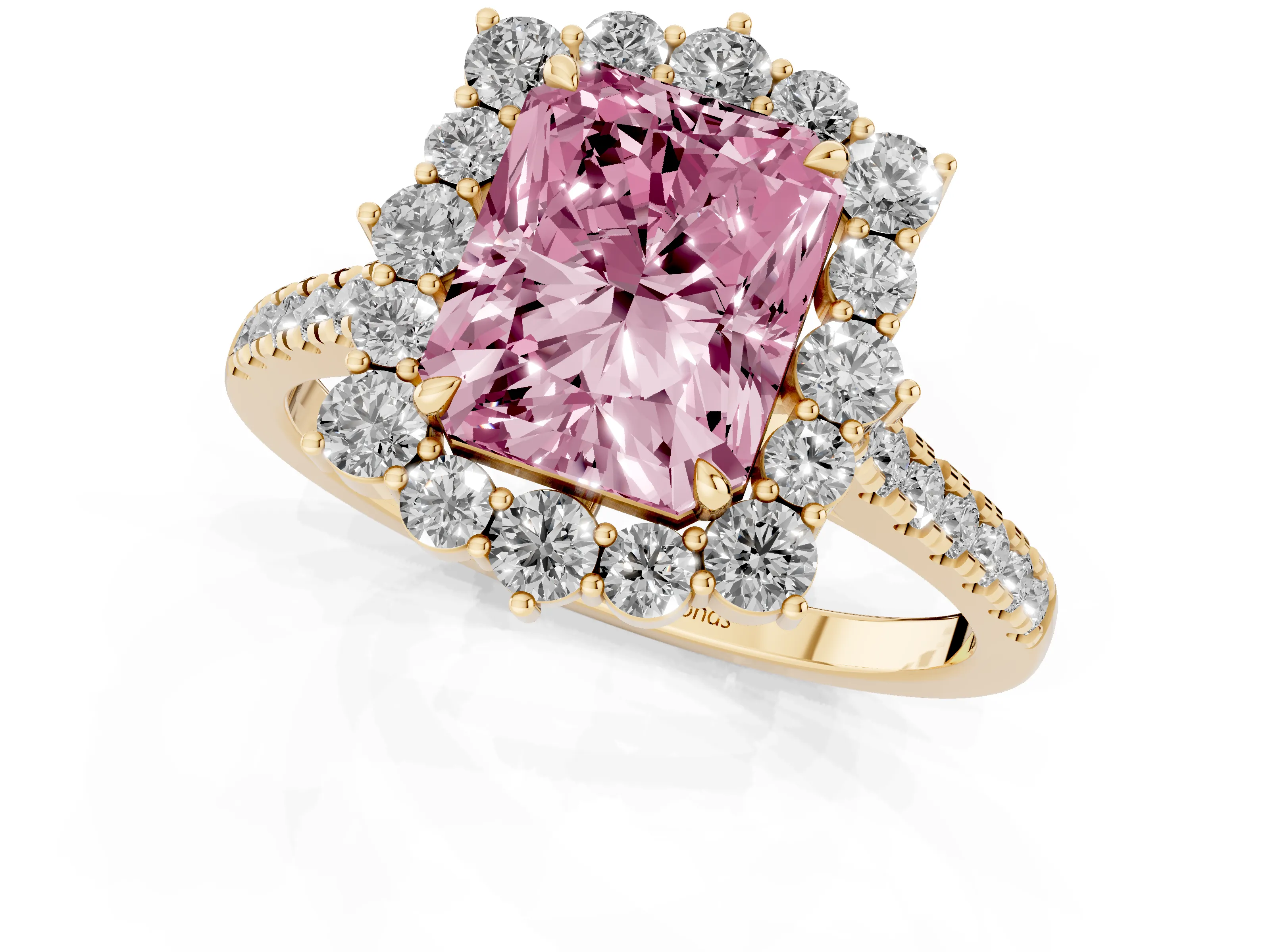 Fancy Pink Radiant Cut Diamond Halo Ring Set in Yellow gold with Pavé Band and Prong Setting