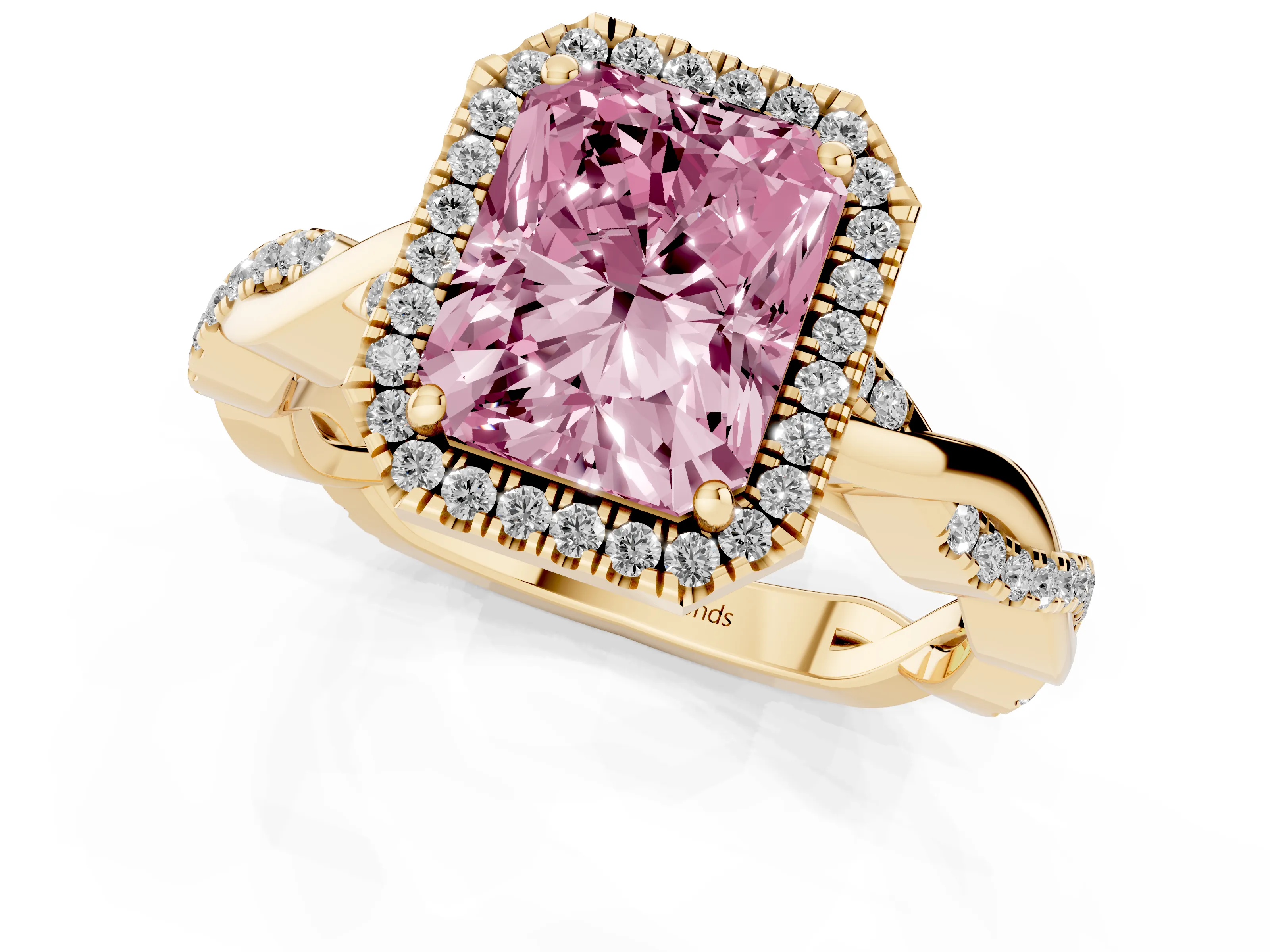 Fancy Pink Radiant Cut Diamond Halo Twisted Band Ring Set in Yellow gold with Prong Setting