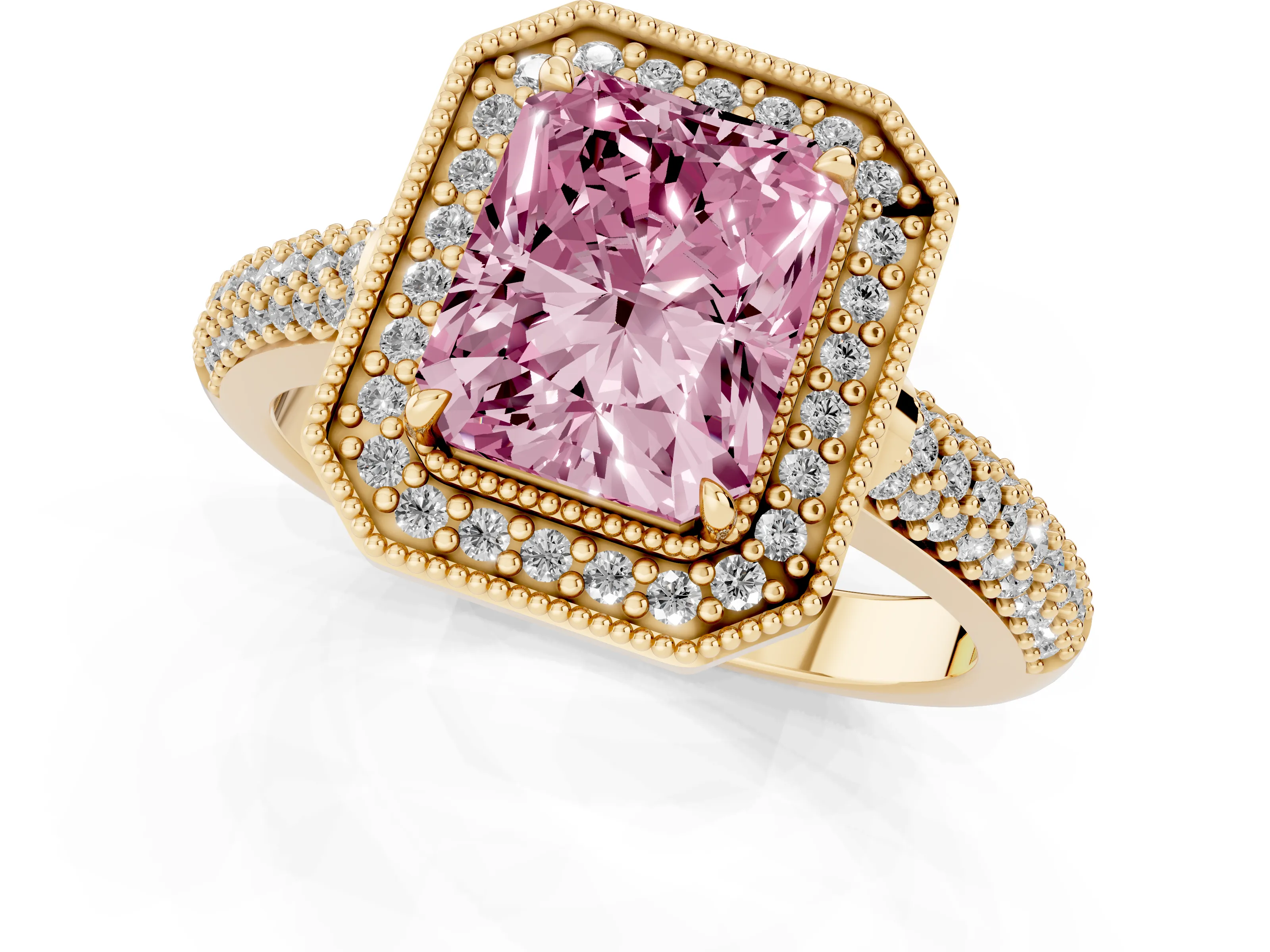 Fancy Pink Radiant Cut Diamond Halo Pavé Band Set in Yellow gold with Prong Setting